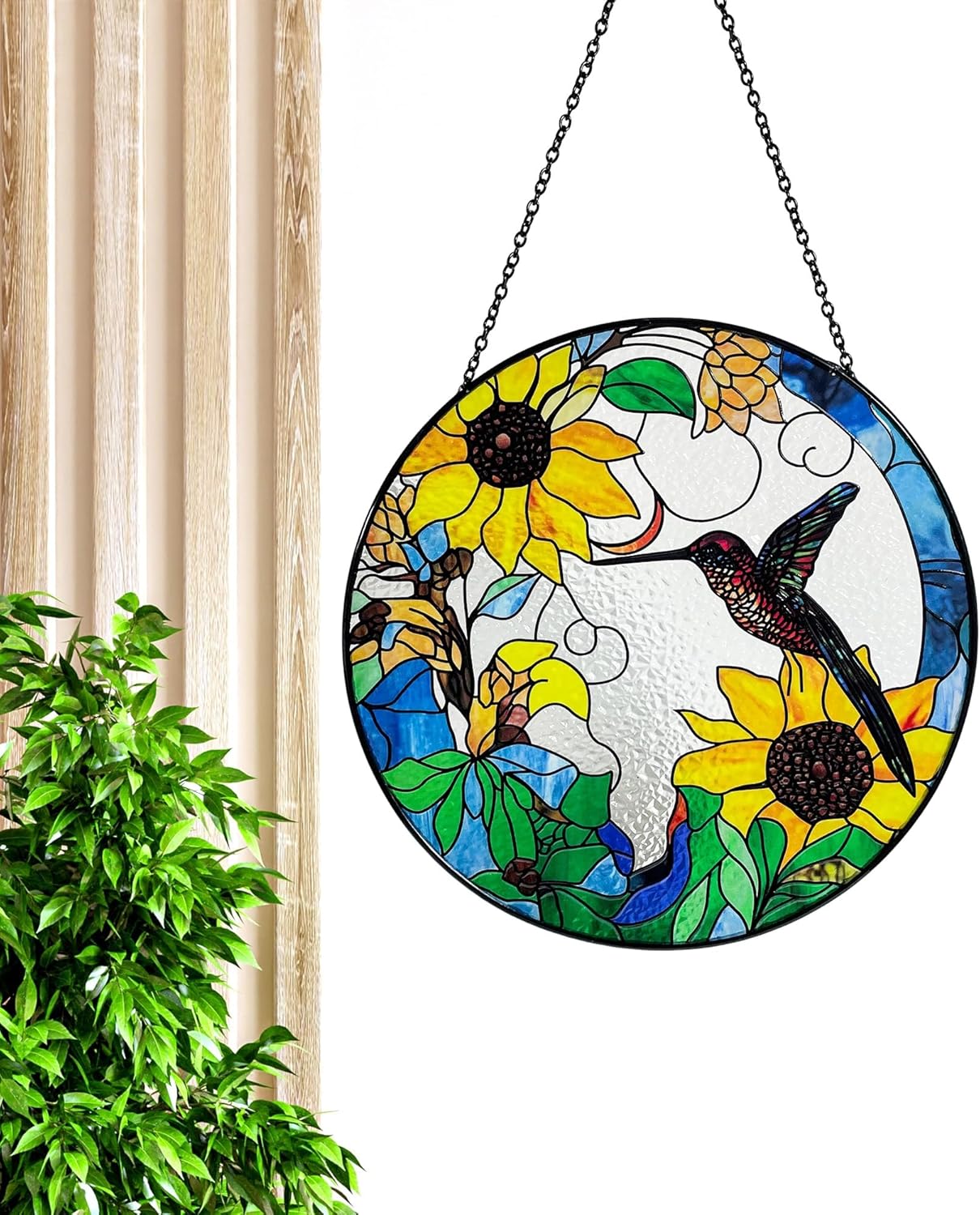Hummingbird and Sunflowers Stained Glass Suncatcher/Window Hanging – Handcrafted Glass Art, Perfect for Home, Garden, and Gift Giving, 7.8 Inch Round Design