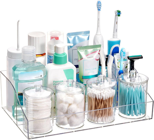 Vtopmart 5 PCS Bathroom Countertop Organizer, 1 Divided Tray with 4 Qtip Holder Jars, Restroom Clear Organizers for Toothbrush, Cotton Pads Balls, Floss, Bathroom Vanity Accessories Storage Set