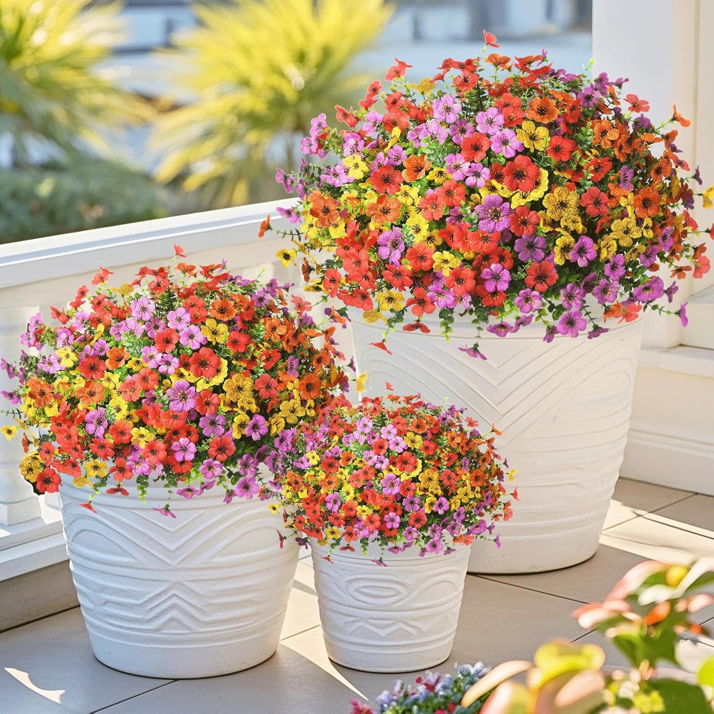 Artificial Flowers Faux Plants Outdoor Fake Flowers Spring Decor,12 Bundles Realistic Plastic Plant Colorful Daisy UV Resistant for Porch Patio Home Yard Garden Window Box Pot Planters