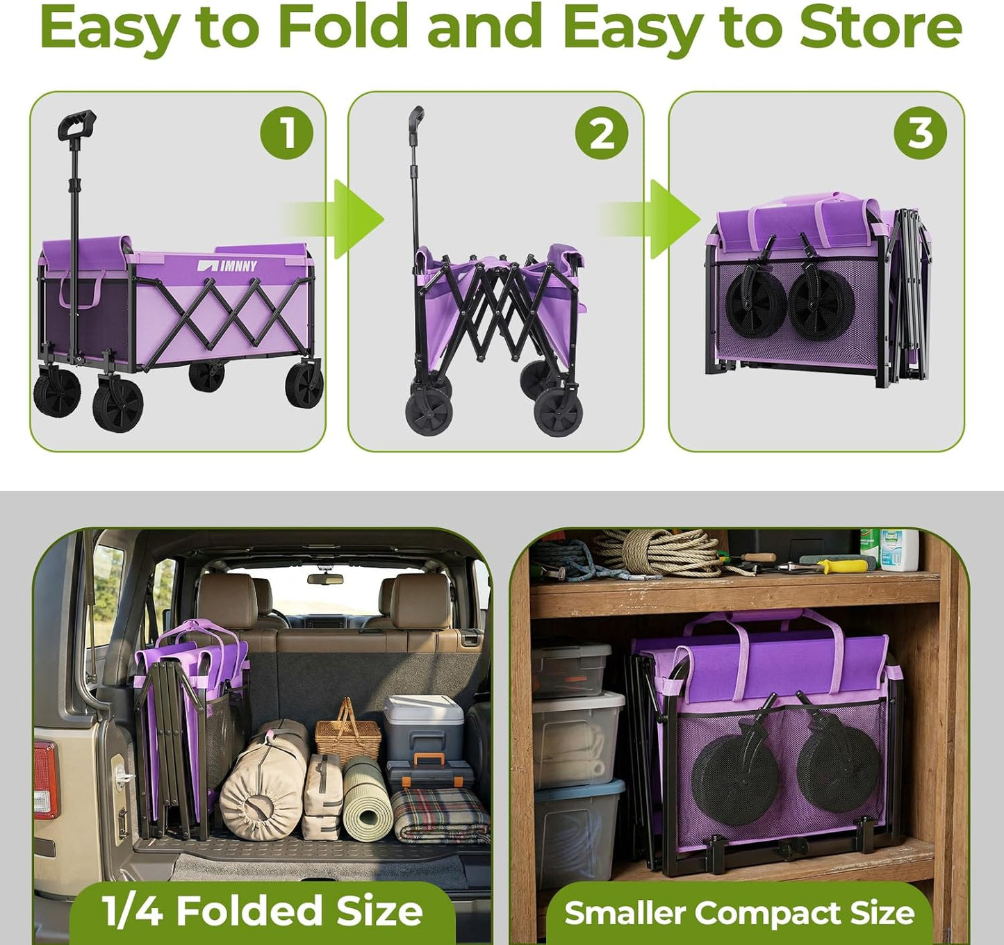 Purple Collapsible Wagon Cart, Lightweight Folding Utility Cart with W