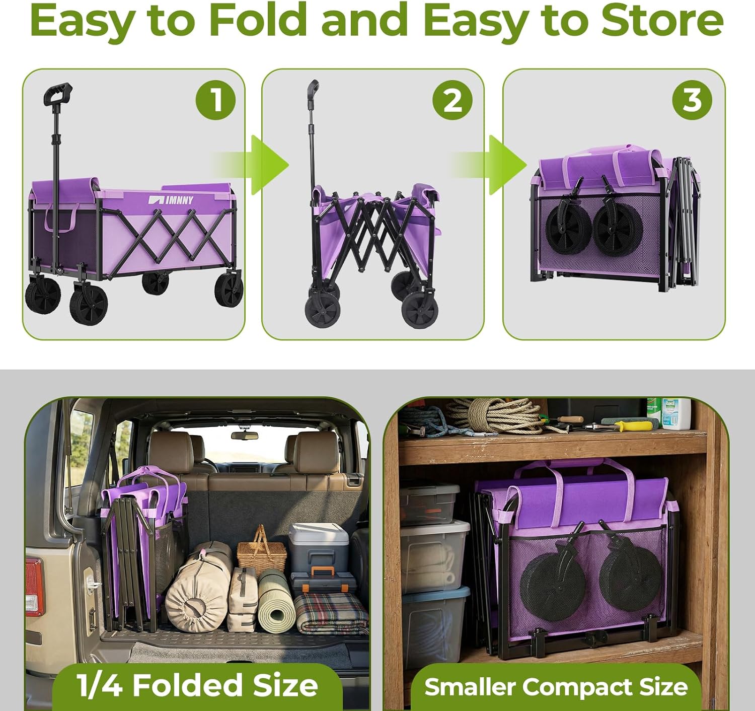 Purple Collapsible Wagon Cart, Lightweight Folding Utility Cart with W