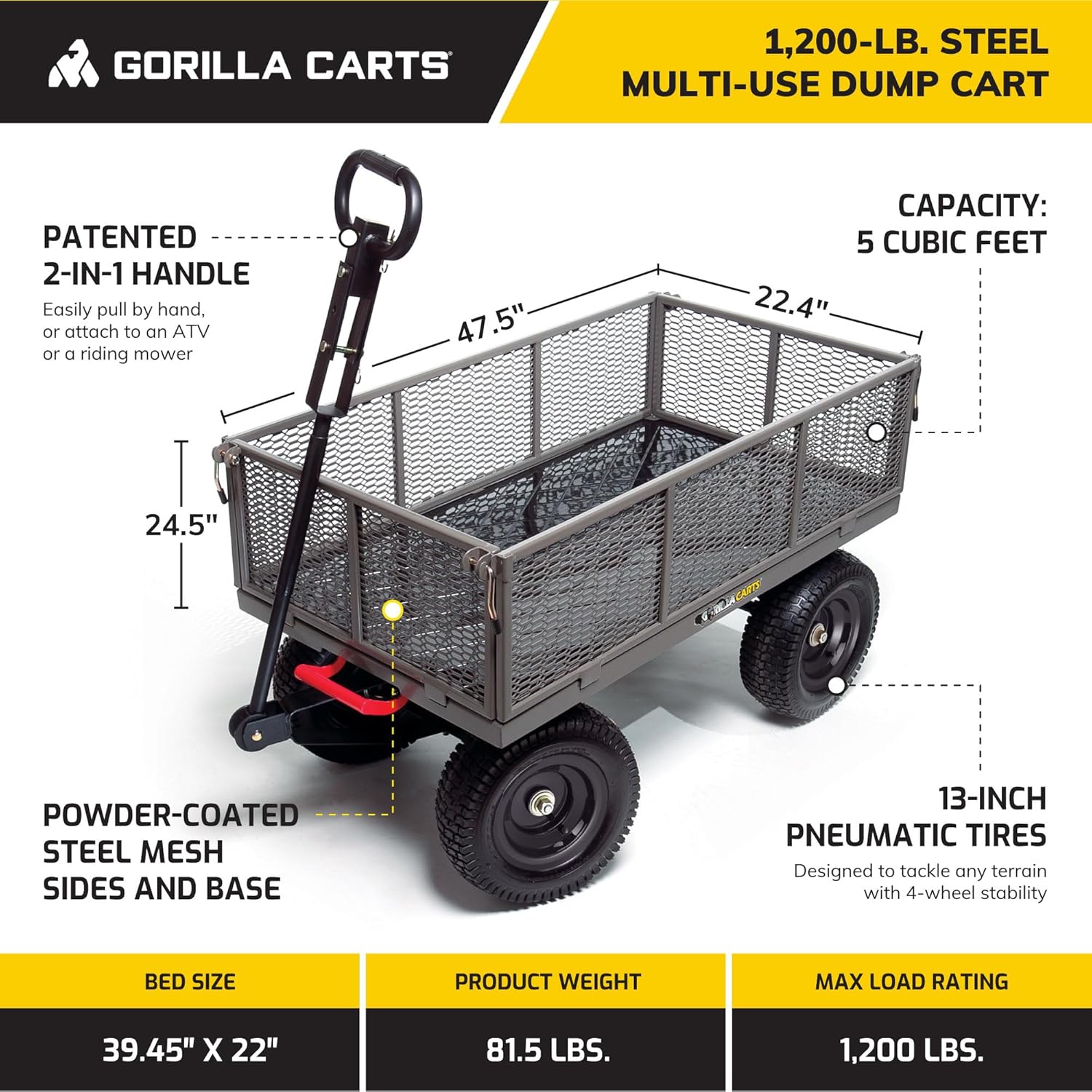 Gorilla Carts Steel Dump Cart, 5 Cu Ft Bed, 1200 lb Load Capacity, Gra