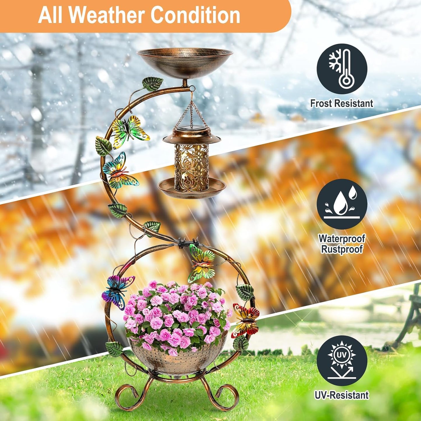 3 In 1 Bird Bath for Outside and Solar Bird Feeders Combo with Flower Planter Pedestal, 38" Metal Bird Baths Heavy Duty for Outdoors, Vintage Birdbaths for Garden Yard Lawn Decor -Waterproof