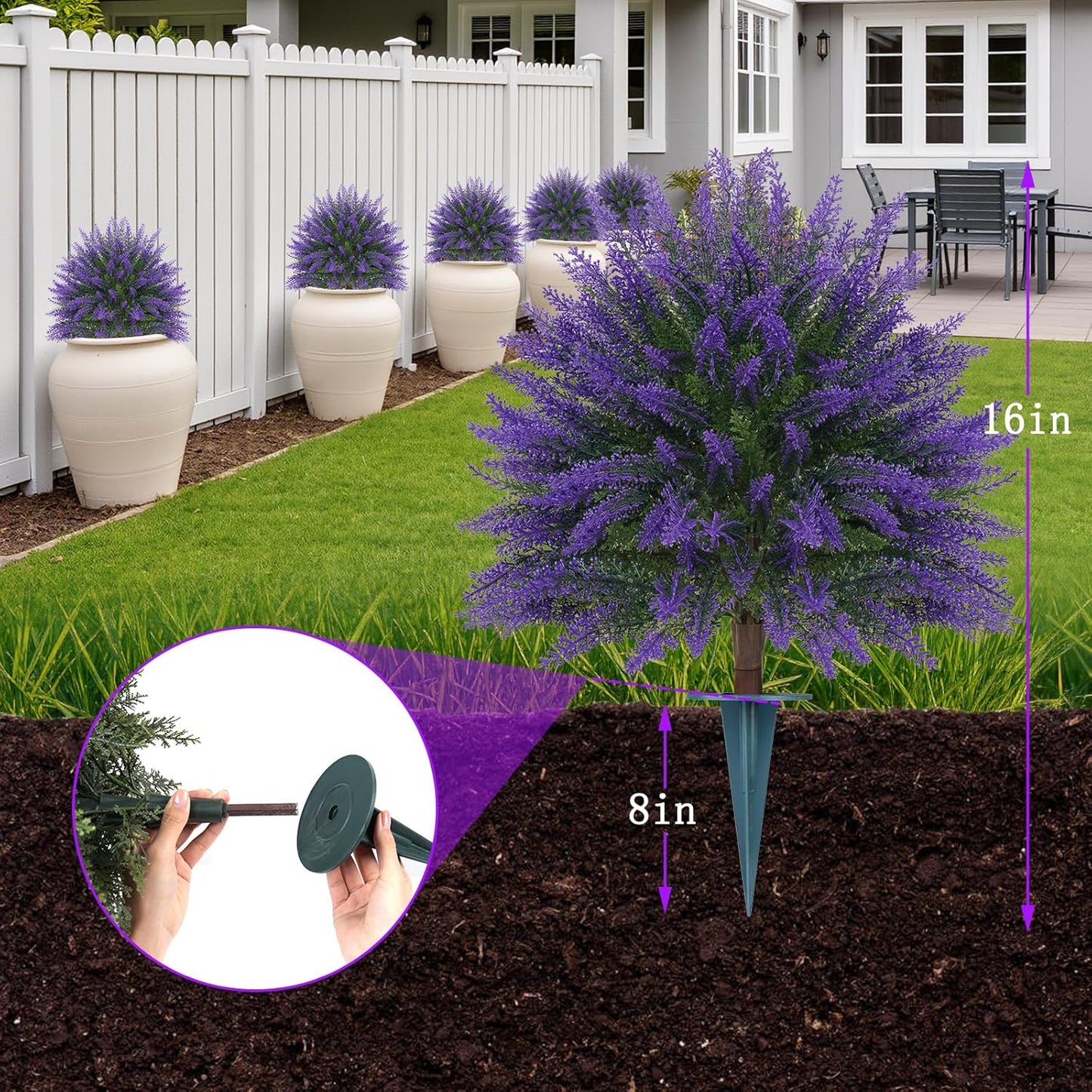 Artificial Lavender Topiary Bushes with Ground Spike, 24" Set of 2 Faux Lavender Boxwood Ball Trees UV Resistant Fake Greenery Plants for Indoor & Outdoor Spring Porch Decor