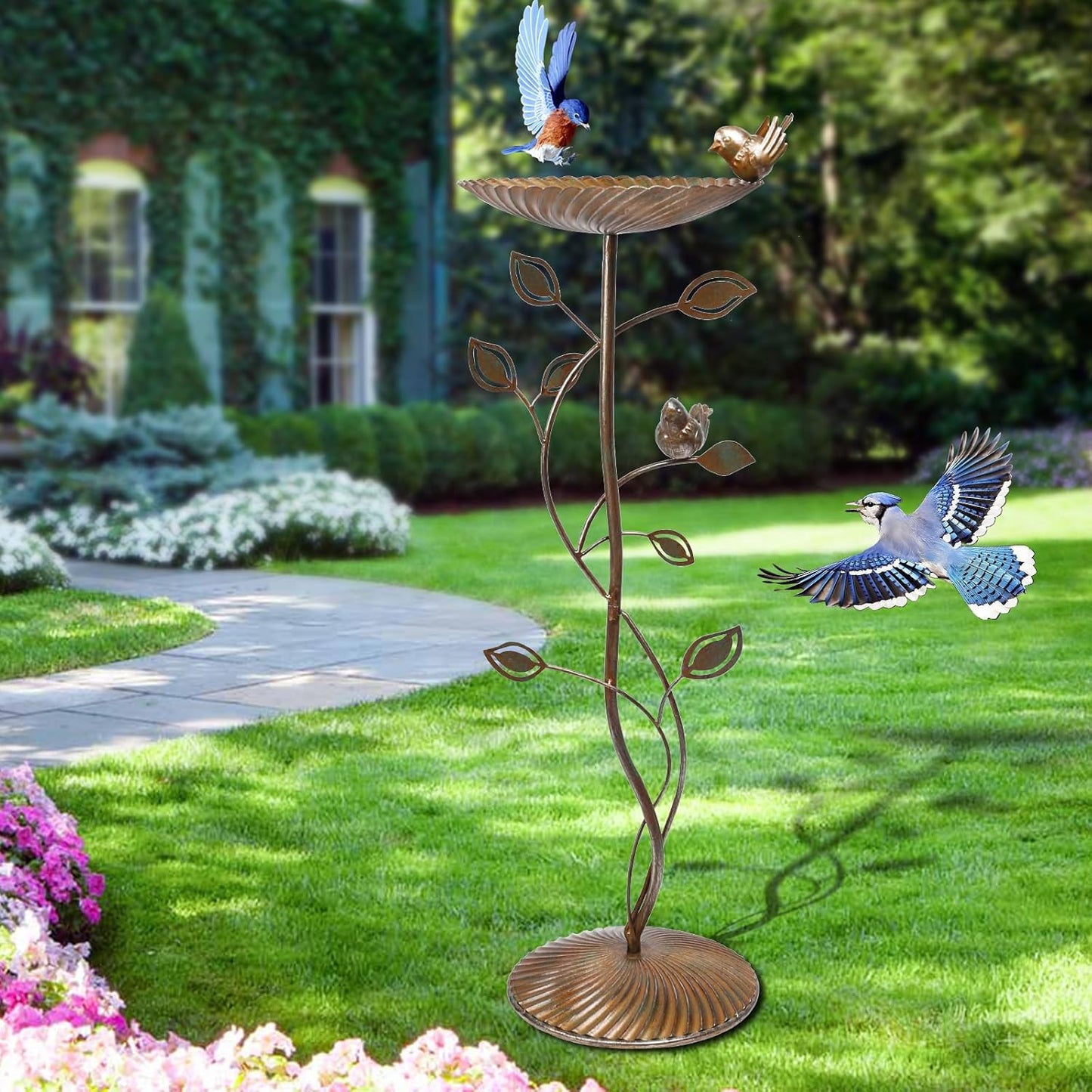 VCUTEKA Bird Baths for Outdoor, Metal Garden BirdBath with Bird Statue and Detachable Bird Bath Bowl for Yard Patio Lawn Decor, Brown