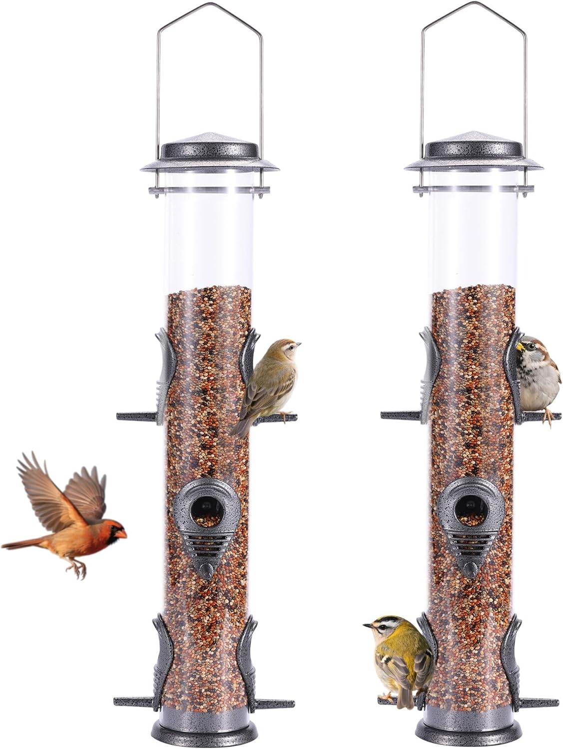 MIXXIDEA 2PK Metal Bird Feeders with 6 Feeding Ports,Tube Bird Feeder with Steel Hanger,Hard Plastic Wild Bird Feeder for Outdoors Hanging, Attracting Birds in Your Lawn, Garden, Balcony (Grey)