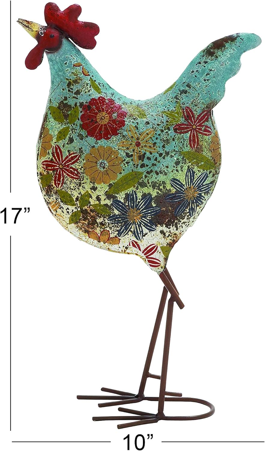 Deco 79 Metal Rooster Decorative Garden Sculpture Indoor Outdoor Distressed Standing Garden Statue with U Shaped Feet, Outdoor Sculpture 10" x 5" x 17", Green