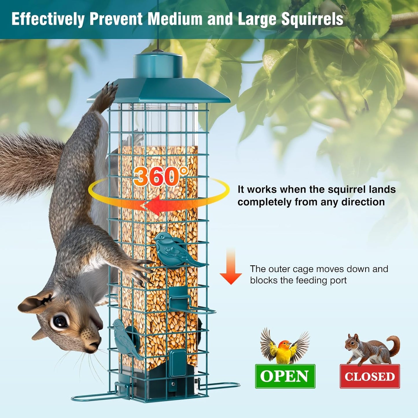 Squirrel Proof Metal Bird Feeder, Removable Base for Easy Cleaning, Weight Activated Cage, 3 Lbs Capacity, Sturdy and Rust-Resistant, Tube Bird Feeder for Outdoor Cardinals, Finches