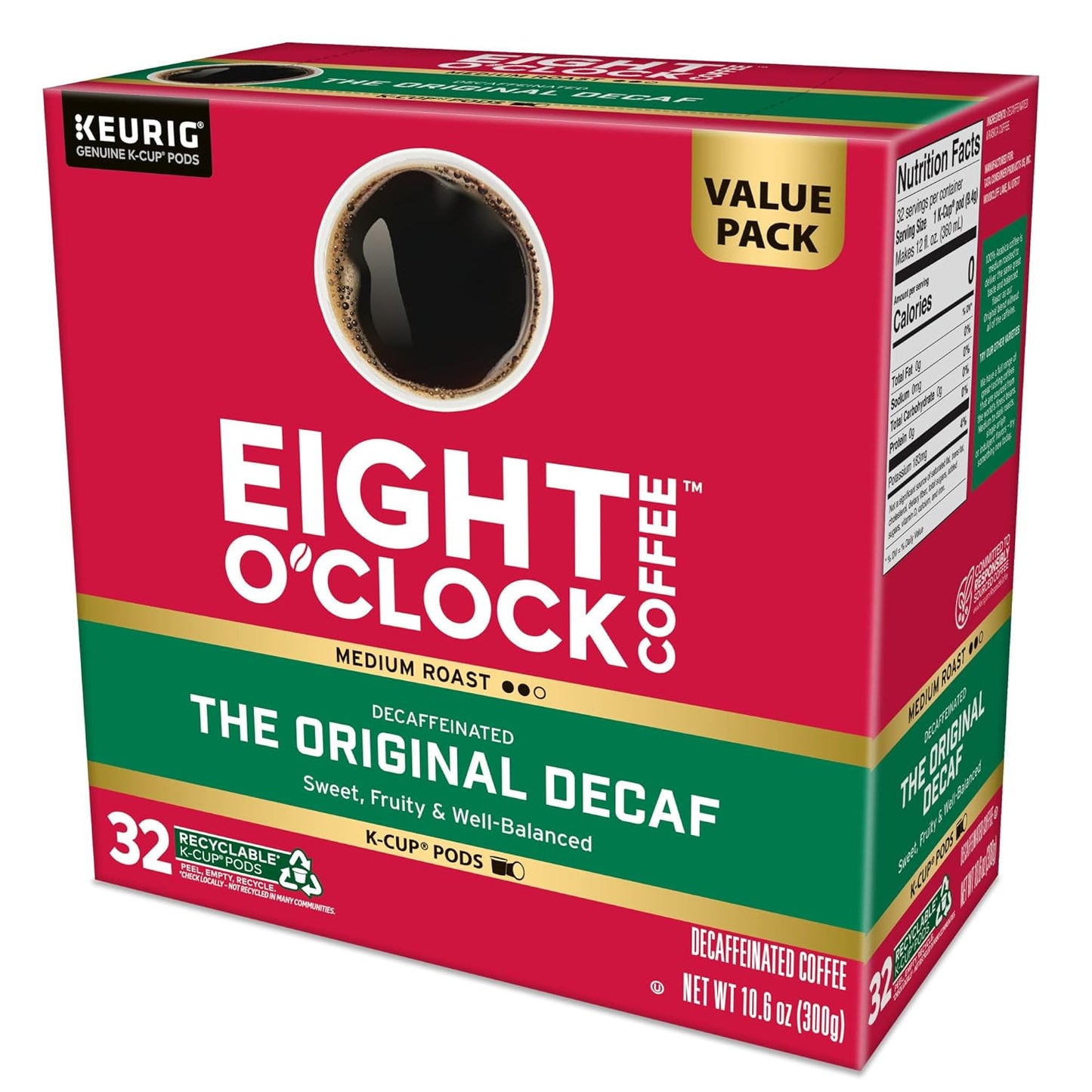 Eight O'Clock Coffee The Original Decaf, Single-Serve Keurig K-Cup Pods, Medium Roast Coffee Pods, 1 Count (Pack of 32)