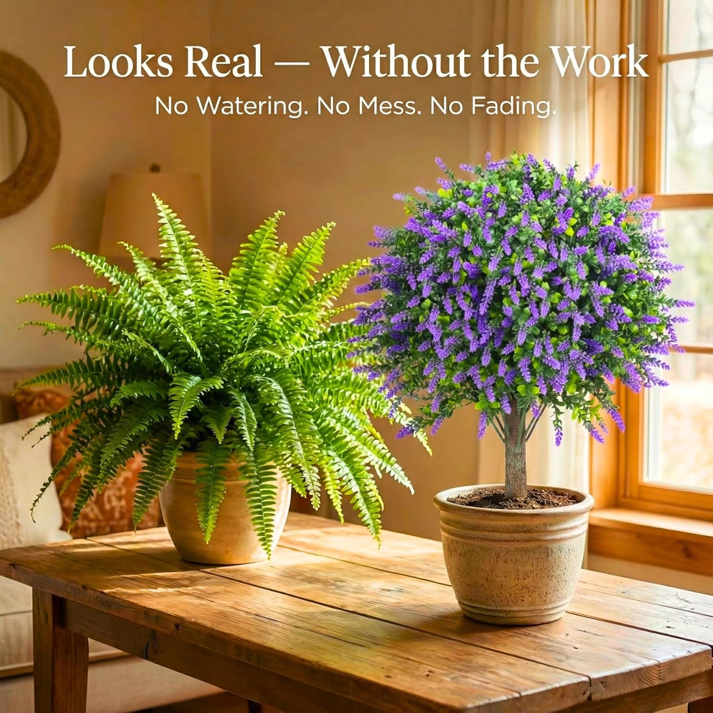 Artificial Boxwood Topiary Balls with Lavender – 24" Set of 2 Faux Shrub Bushes, Evergreen Trees with Ground Spike & Garden Tools – UV Resistant Faux Plants for Outdoor Planters, Porch & Front Door