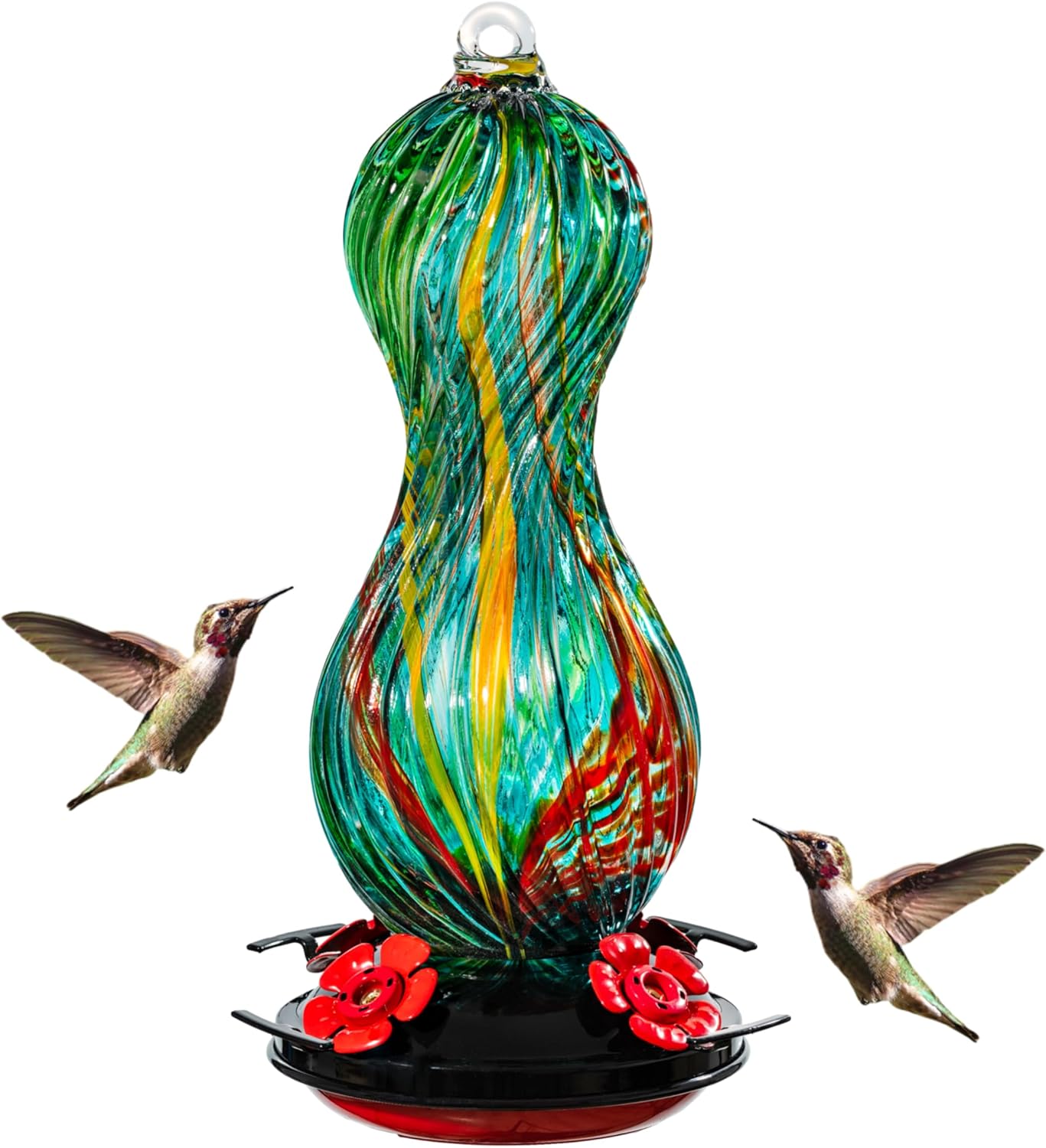 Hummingbird Feeder for Outdoors Hanging, Hand Blown Glass 24 OZ Capacity Hummingbird Bird Nectar Feeders with 4 Feeding Ports, Gifts for Women Mom Outside Garden Backyard Decor