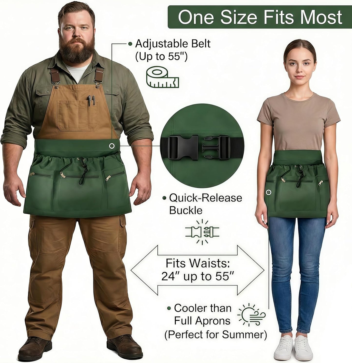 Garden Apron with Deep Pockets - Adjustable Waist Tool Apron & Organizer with Zipper Pouch - Includes Thorn Resistant Gloves & 65ft Plant Tie - Heavy Duty Gardening Gift Kit for Women & Men