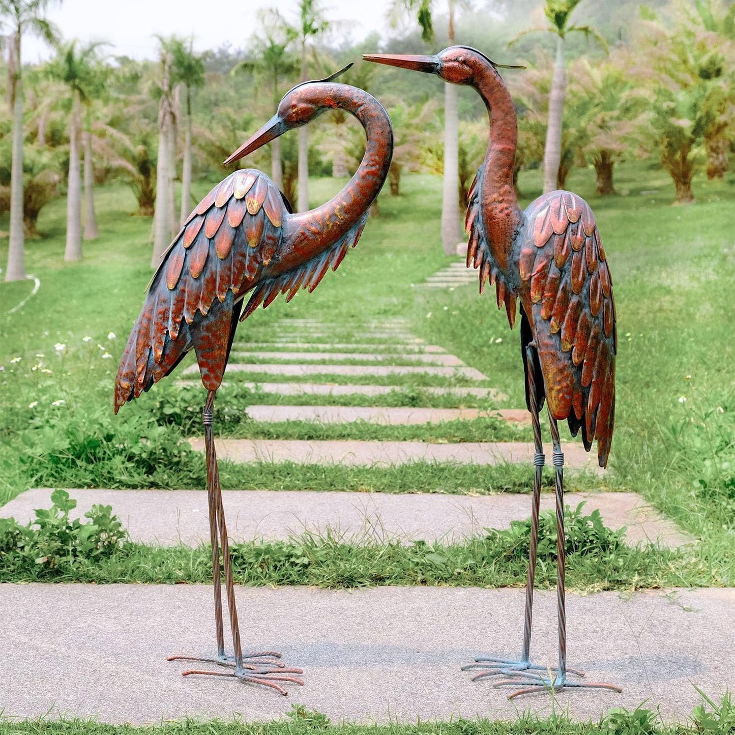Kircust Metal Crane Statues - Set of 2 Bronze Heron Sculptures for Gar