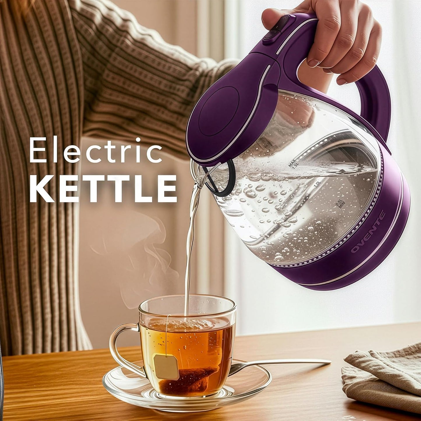 OVENTE Electric Kettle, 1.5L Borosilicate Glass Countertop Water Heater and Boiler for Coffee or Tea, BPA-Free, Auto Shut-Off, Boil-Dry Protection, Removable and Washable Spout Filter, Purple KG83P