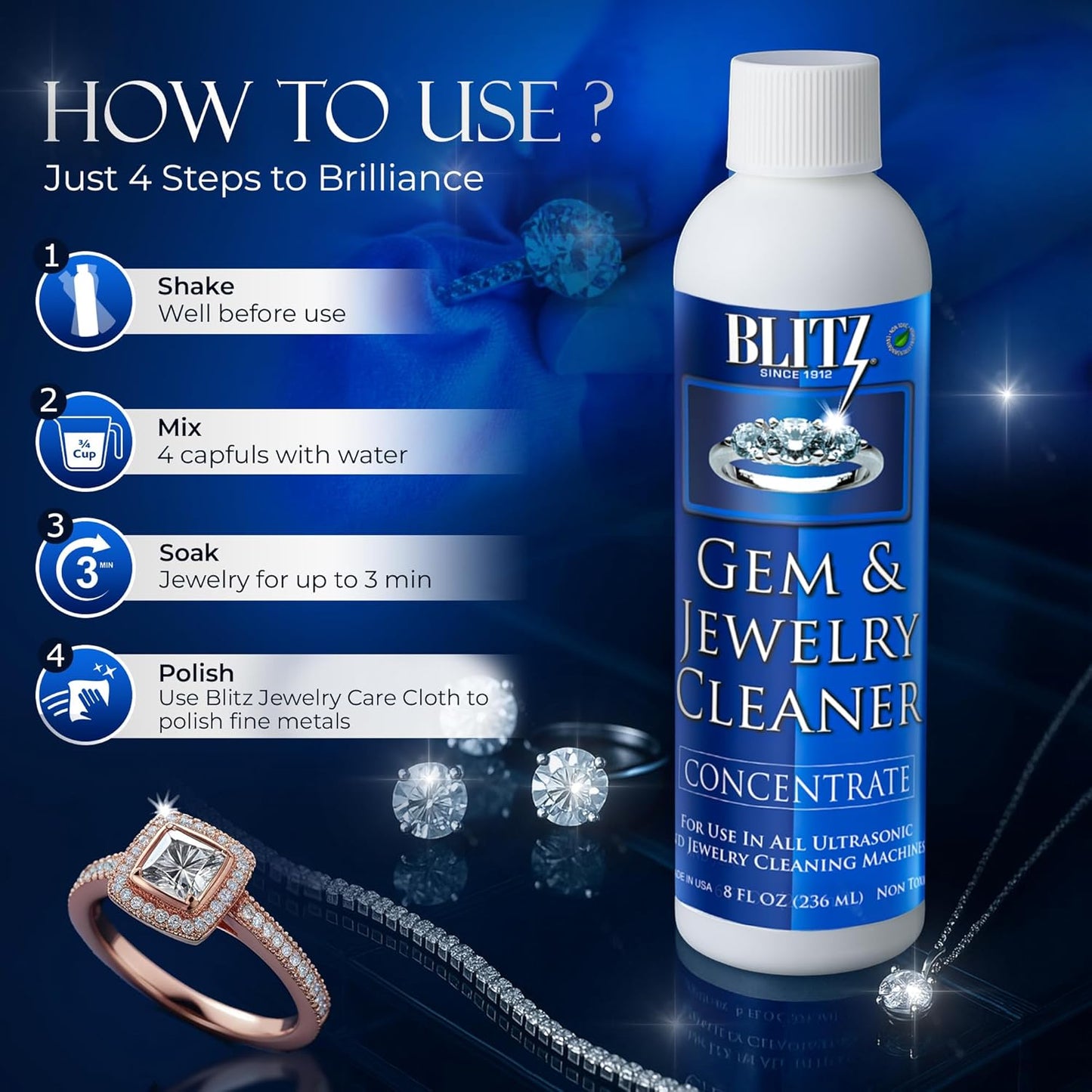 Blitz Gem & Jewelry Cleaner Liquid Concentrate for Gold, Silver, Platinum Jewelry Cleans Non-Porous, Precious & Semi-Precious Stones Non-Toxic, Non-Abrasive, Planet Friendly Made in USA 8oz (2 Pack)