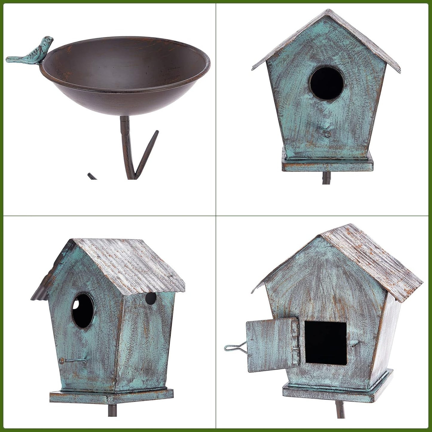 Bird Baths and BirdHouses with Pole, Distressed Metal Bird Bath Bowl a