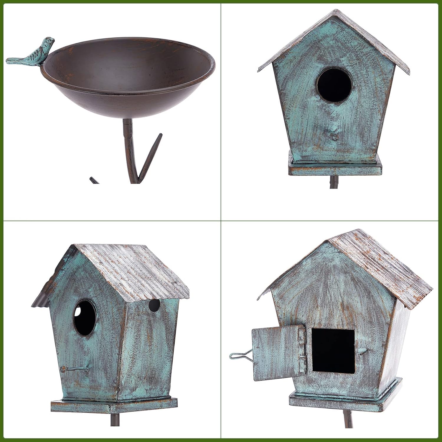 Bird Baths and BirdHouses with Pole, Distressed Metal Bird Bath Bowl a