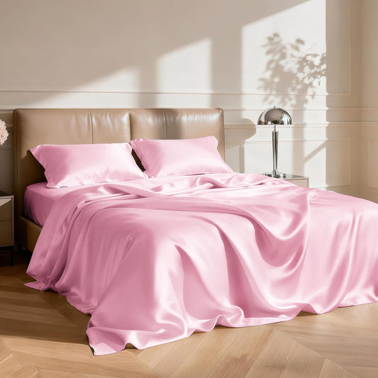 Love's cabin Satin Queen Sheets Set - 4 Piece Pink Silky Bed Sheets Set with Deep Pocket, Luxury Silk Feel Satin Queen Size Sheet Set (1 Flat Sheet, 1 Fitted Sheet, 2 Pillow Cases)