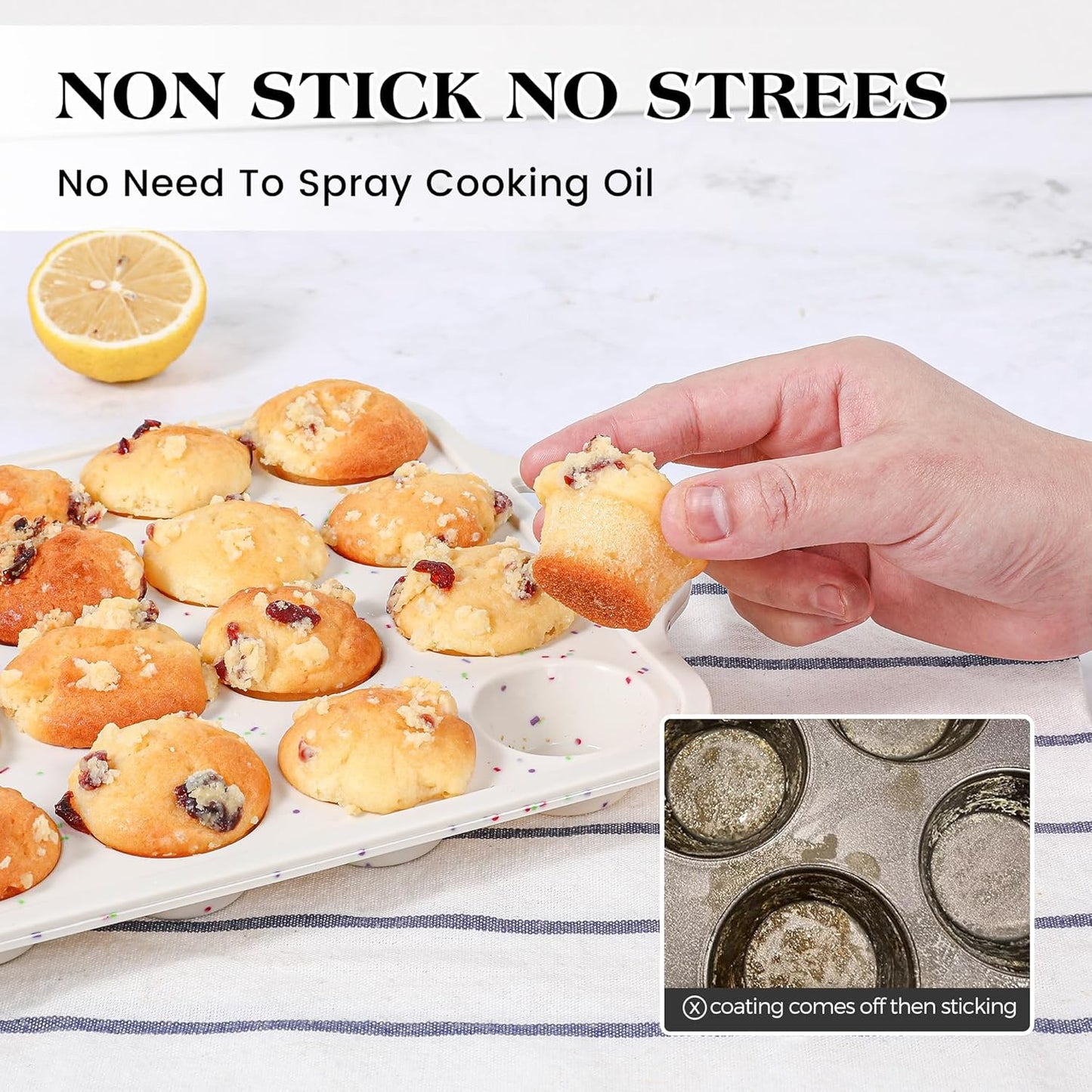Regular 12 Cup and Mini 24 Cup Nonstick Cupcake Pan Set Silicone Muffin Pan for Baking Silicone Cupcake Mold with Metal Reinforced Frame BPA Free (2 Pcs, Cream)