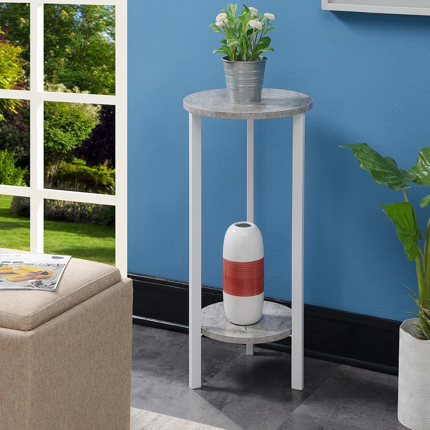 Convenience Concepts Graystone 2 Tier Tall Plant Stand 31" - Industrial Stand for Plants, Vases, and Antiques, Urban Modern Design for the Living Room, Hallway, Entryway, Faux Birch/White
