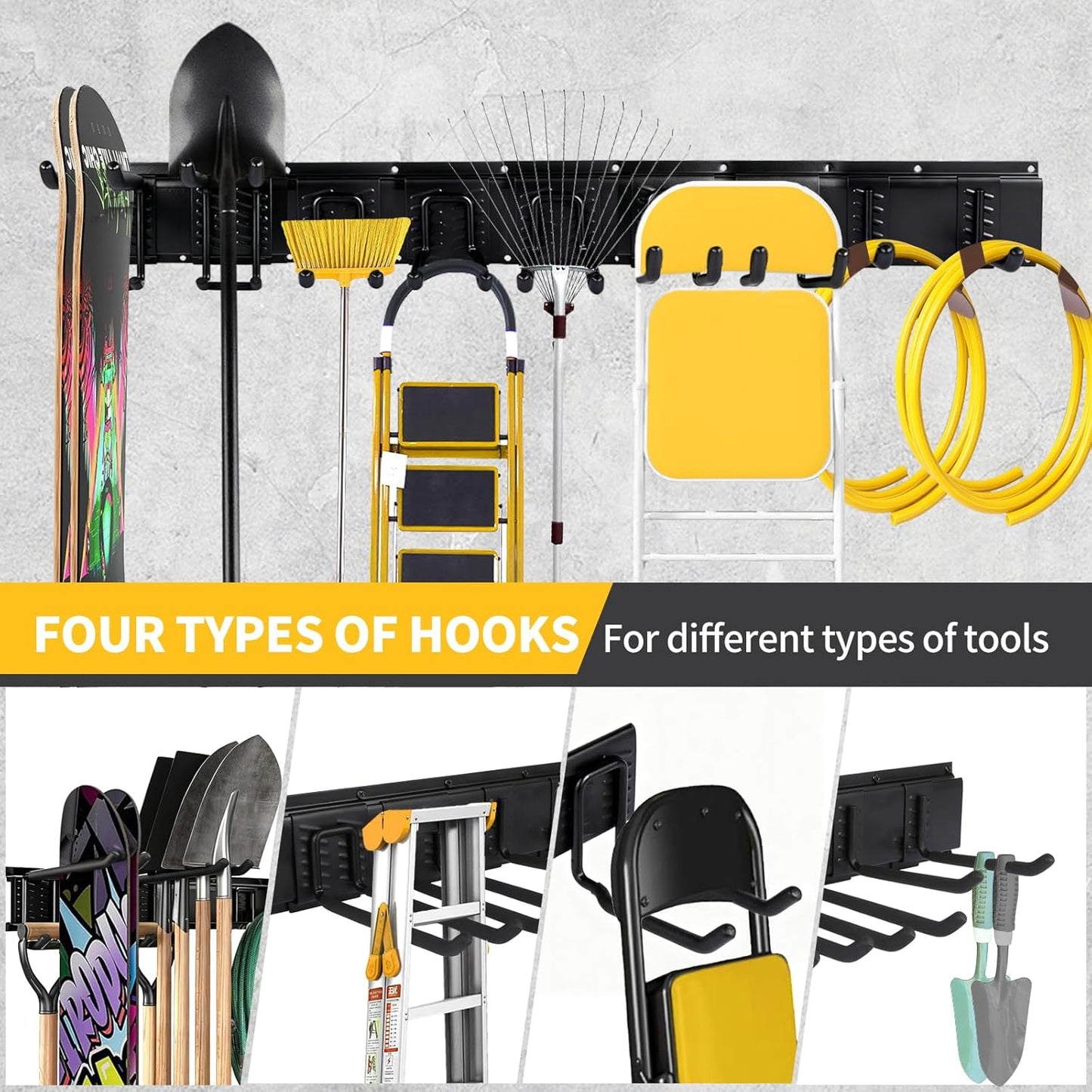66'' Heavy-Duty Garage Tool Organizer Wall Mount – 720lbs Capacity Metal Rack with Adjustable Hooks for Rake, Broom, Shovel, Snowboard & Garden Tools