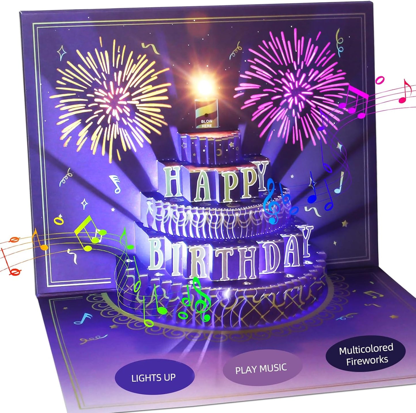 XTF2015 Happy Birthday Cards Fireworks, Lights, Music and Sound Fireworks Cake 3D Pop Up Birthday Cards Gift with Envelope and Note Tag for Women, Men, Kids, Wife, Mom, Husband