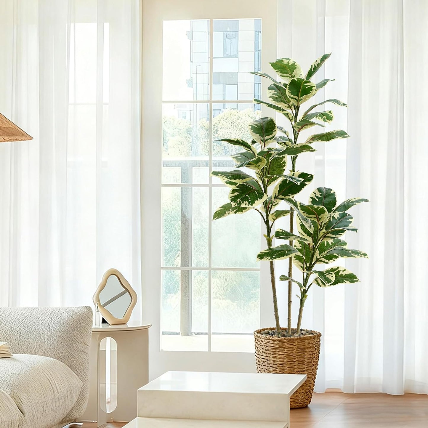 Artificial Rubber Plant, 5FT Faux Plants Indoor Fake Rubber Tree with White Planter, Tall Fake Plants Potted Tree Floor Plant in Pot, Artificial Trees for Home Office Room Outdoor Decor