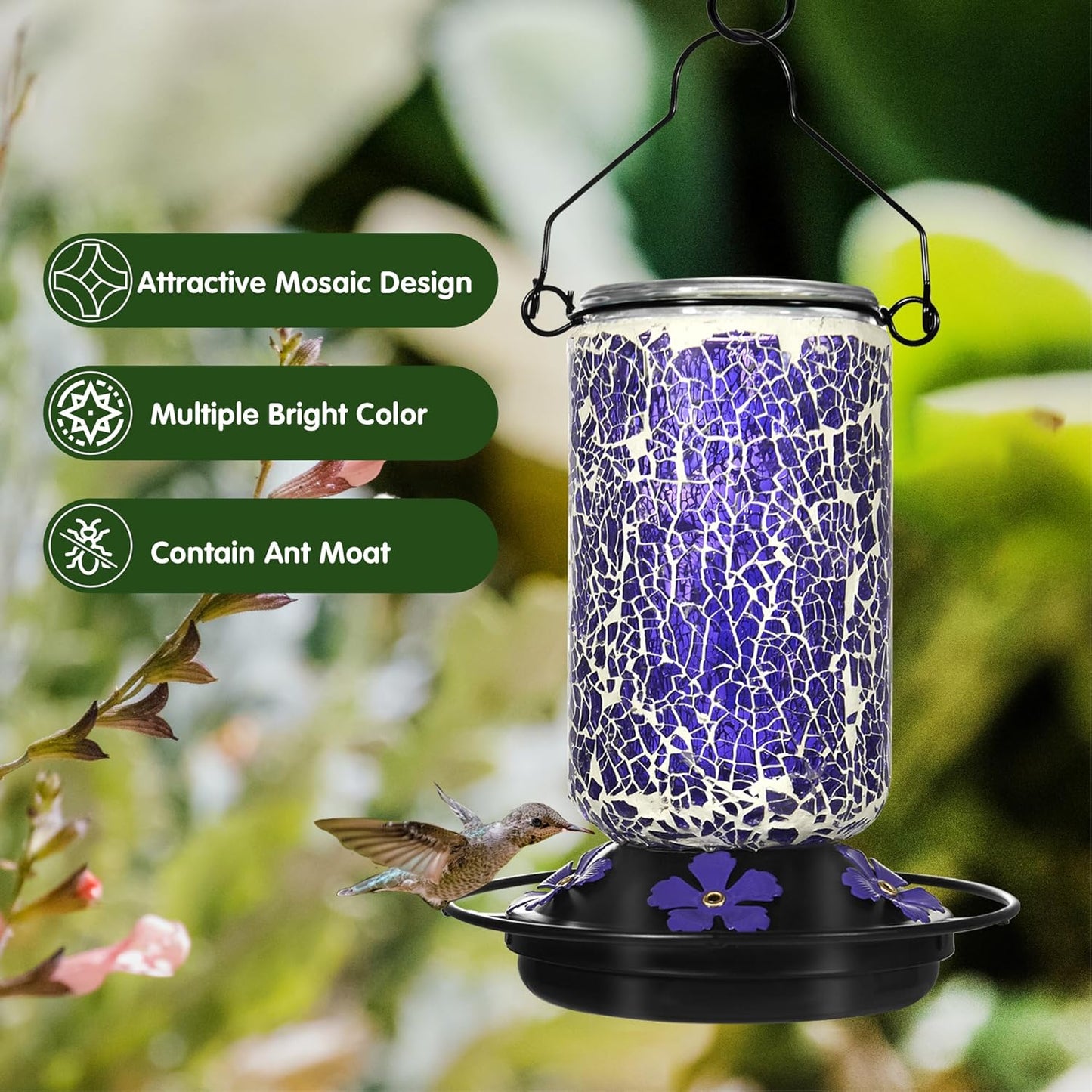 Glass Hummingbird Feeder,Purple Hummingbird Feeders for Outdoors Hanging, 19 Ounces, Mosaic Bottle Easy to Clean, 5 Feeding Ports, Ant Moat Included