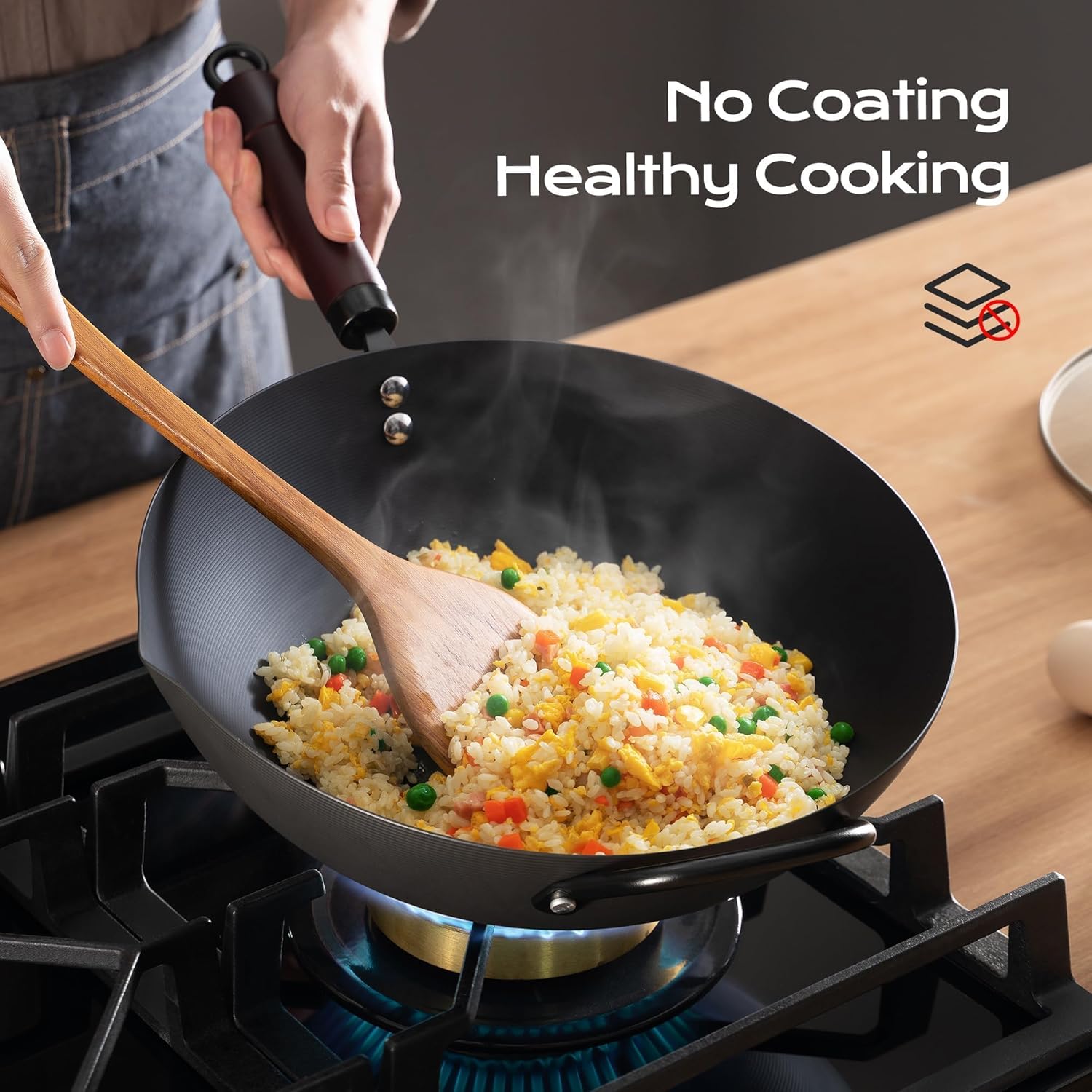 Wok, 13 Inch carbon steel woks & stir-fry pans nonstick, Pre-Seasoned 
