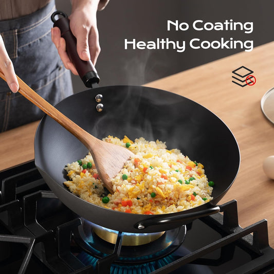 Wok, 13 Inch carbon steel woks & stir-fry pans nonstick, Pre-Seasoned 