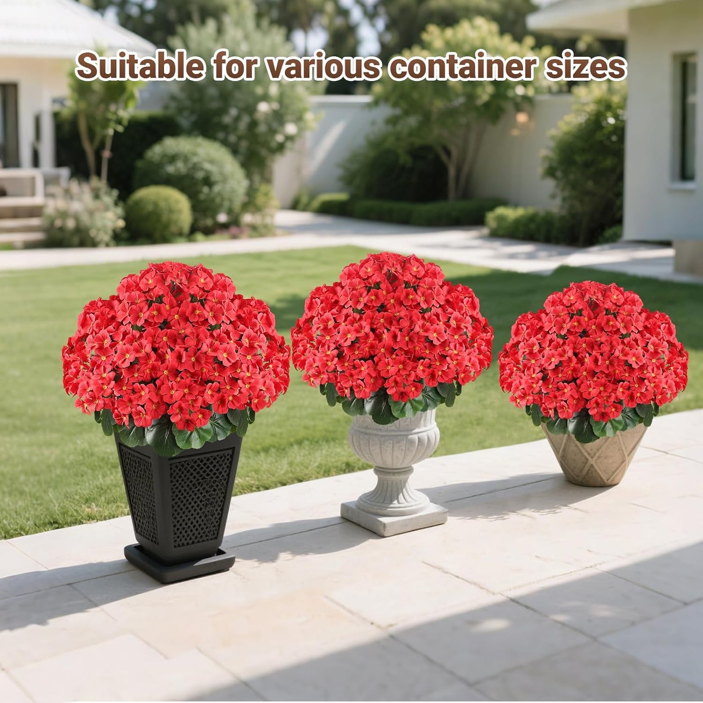 Romantic season 20" Artificial Geraniums Bush in Pot, Outdoor Fake Potted Plant with UV Resistant Red Flowers for Patio, Front Porch, Garden, Balcony & Home Decor