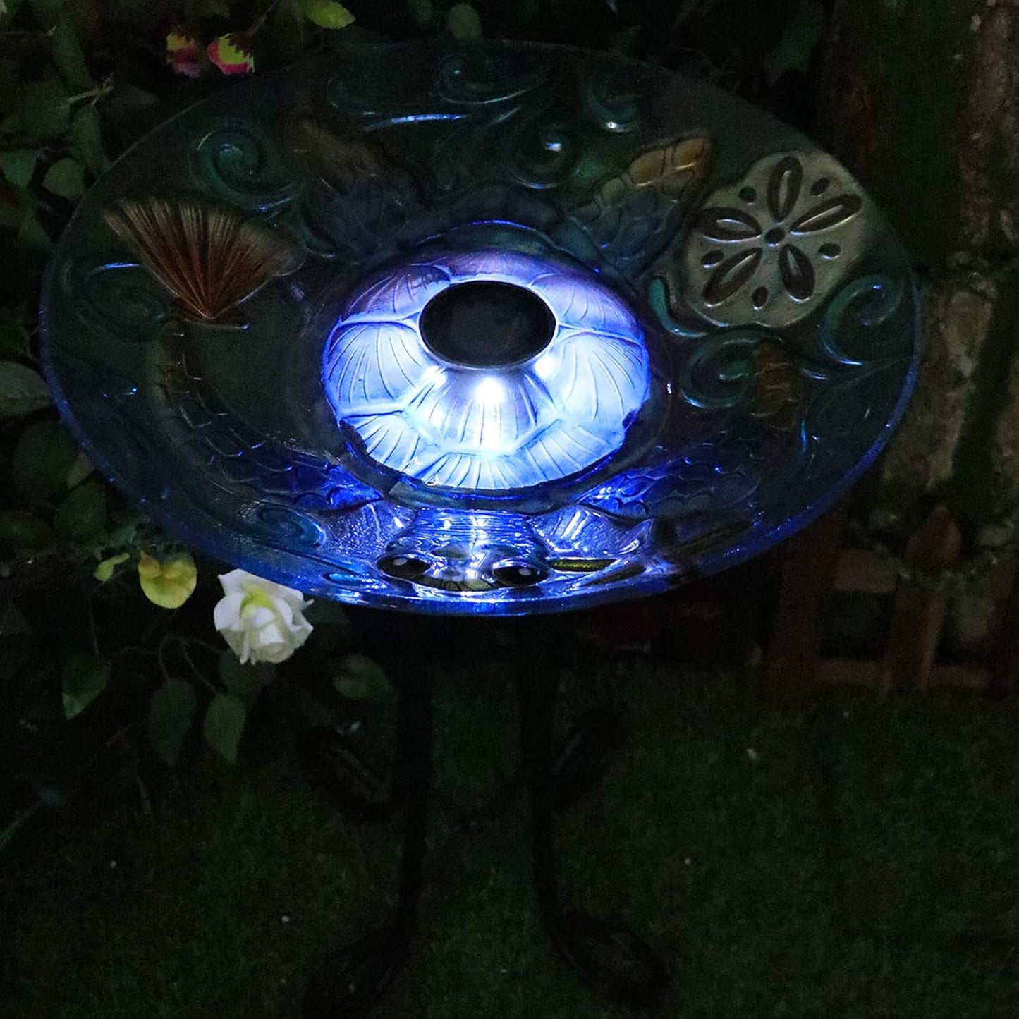 MUMTOP Glass Bird Bath, Large Bird Baths for Outdoors, Solar Birdfeeder with Metal Stand for Garden, Yard, Lawn Decor sea Turtle Pattern(Blue, 21.5"X18")