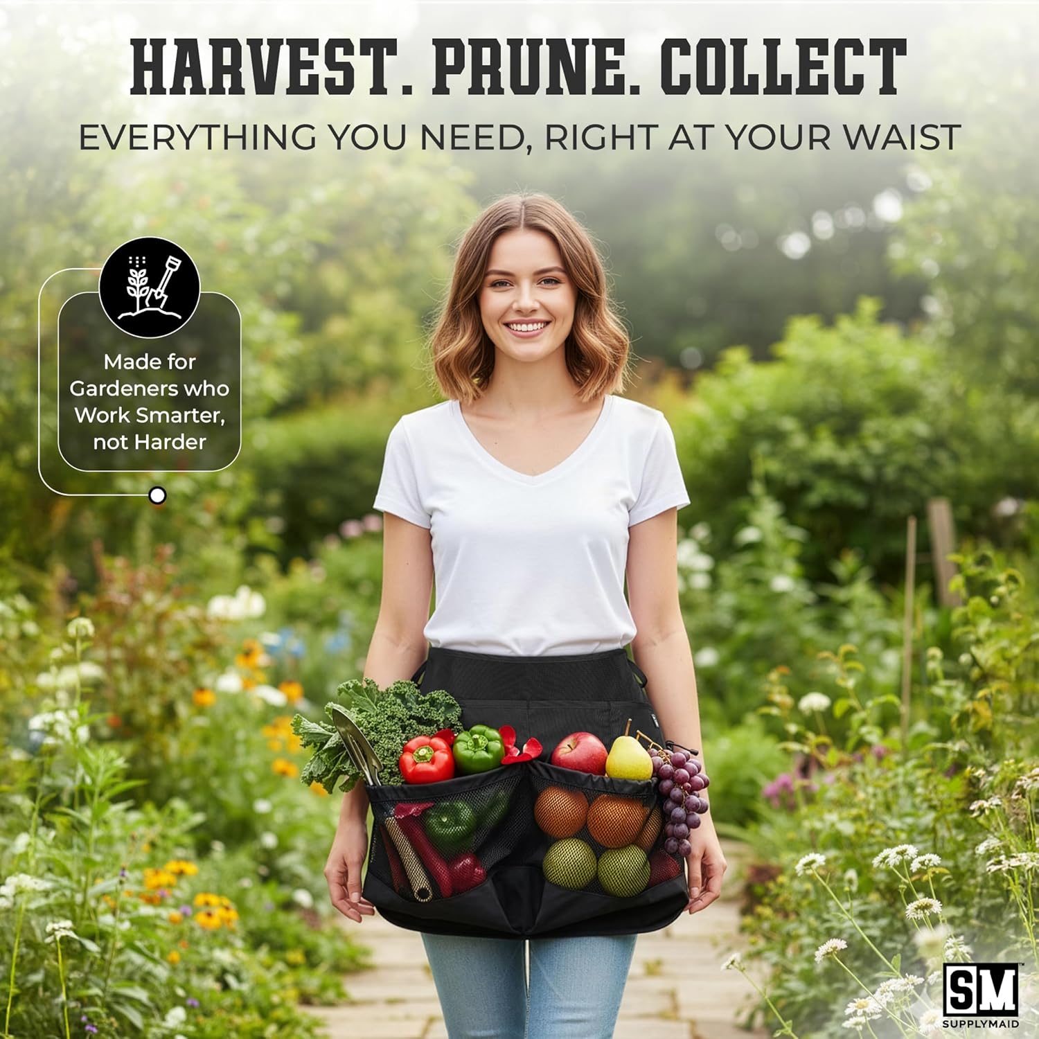 Waterproof Gardening Apron with Mesh Pouch Pockets for Tools, Fruit, V