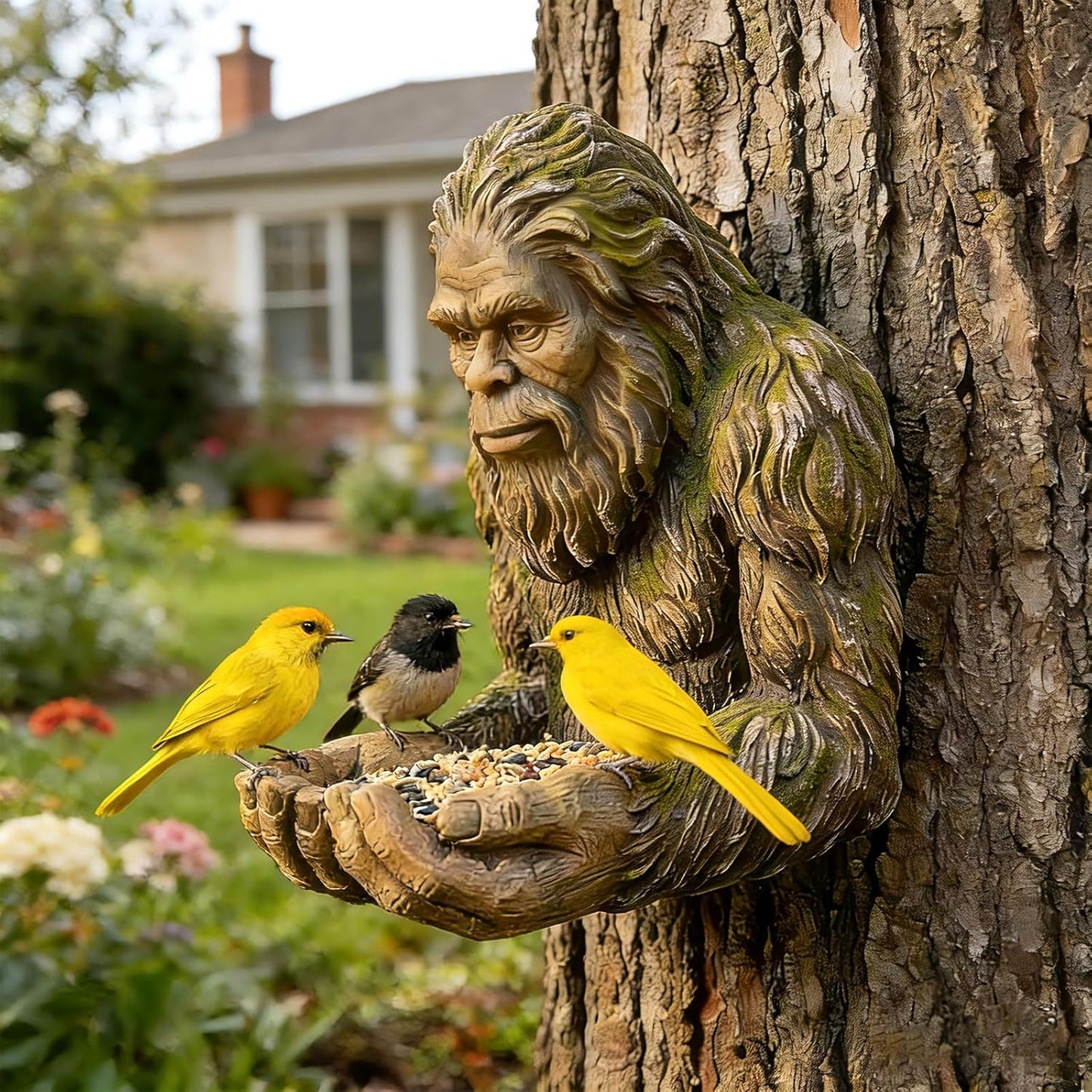 Outdoor Tree Face Bird Feeder Sculpture, Waterproof Tree-Mounted Resin Bird Feeder, Forest Guardian Style Garden Yard Art Decor for Backyard Wildlife