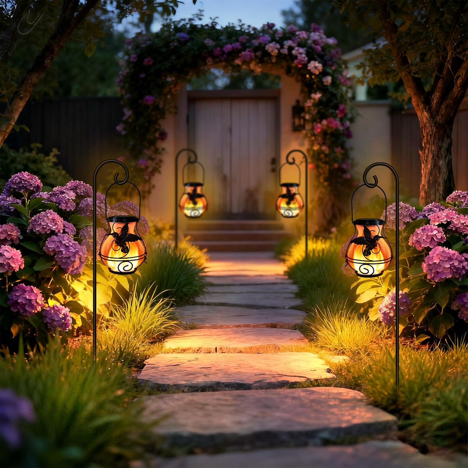 2 Pack Solar Lanterns Outdoor Waterproof Flickering Flame Lights Hummi