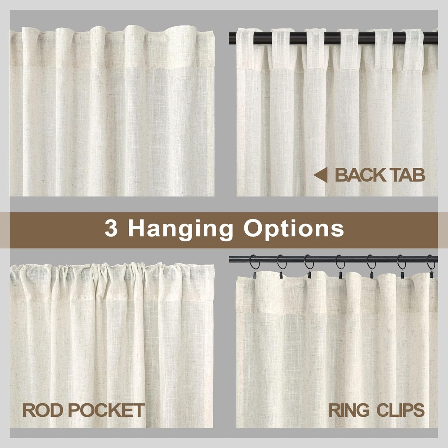 Natural Linen Back Tab Curtains 84 Inch Length for Living Room 2 Panel Pocket Drape Light Filtering Semi Sheer Neutral Country Rustic Farmhouse Boho Curtain Bedroom Muslin Look Ivory Cream Colored