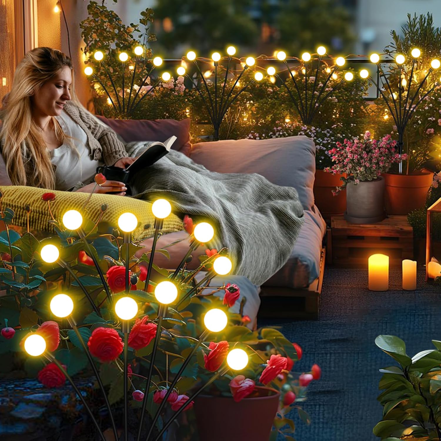 Solar Garden Lights Outdoor, 4 Pack Firefly Swaying Lights, Waterproof