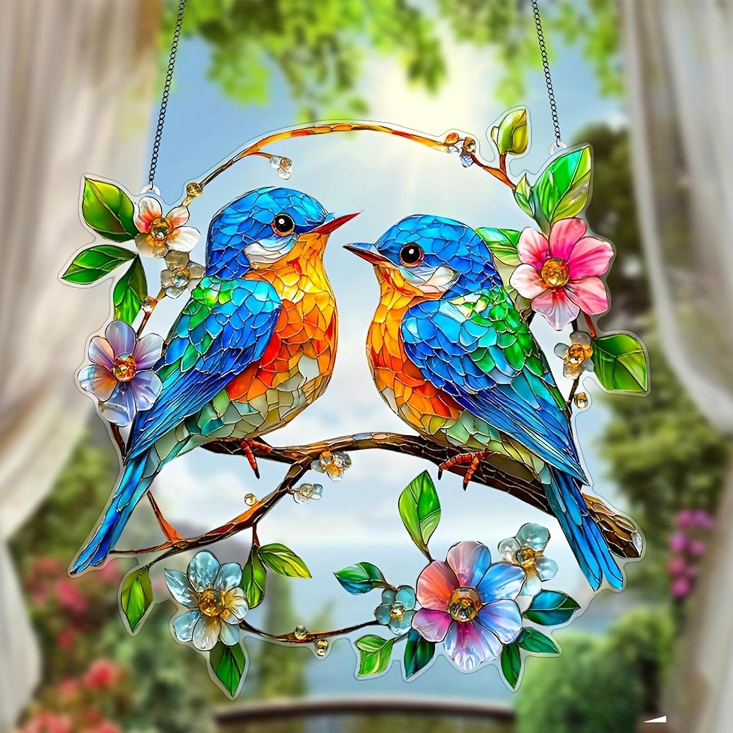 Hummingbird on Branch Suncatcher Stained Glass Window Hanging Hand-Painted Double Side Stain Glass Cardinal Gifts Sun Catcher