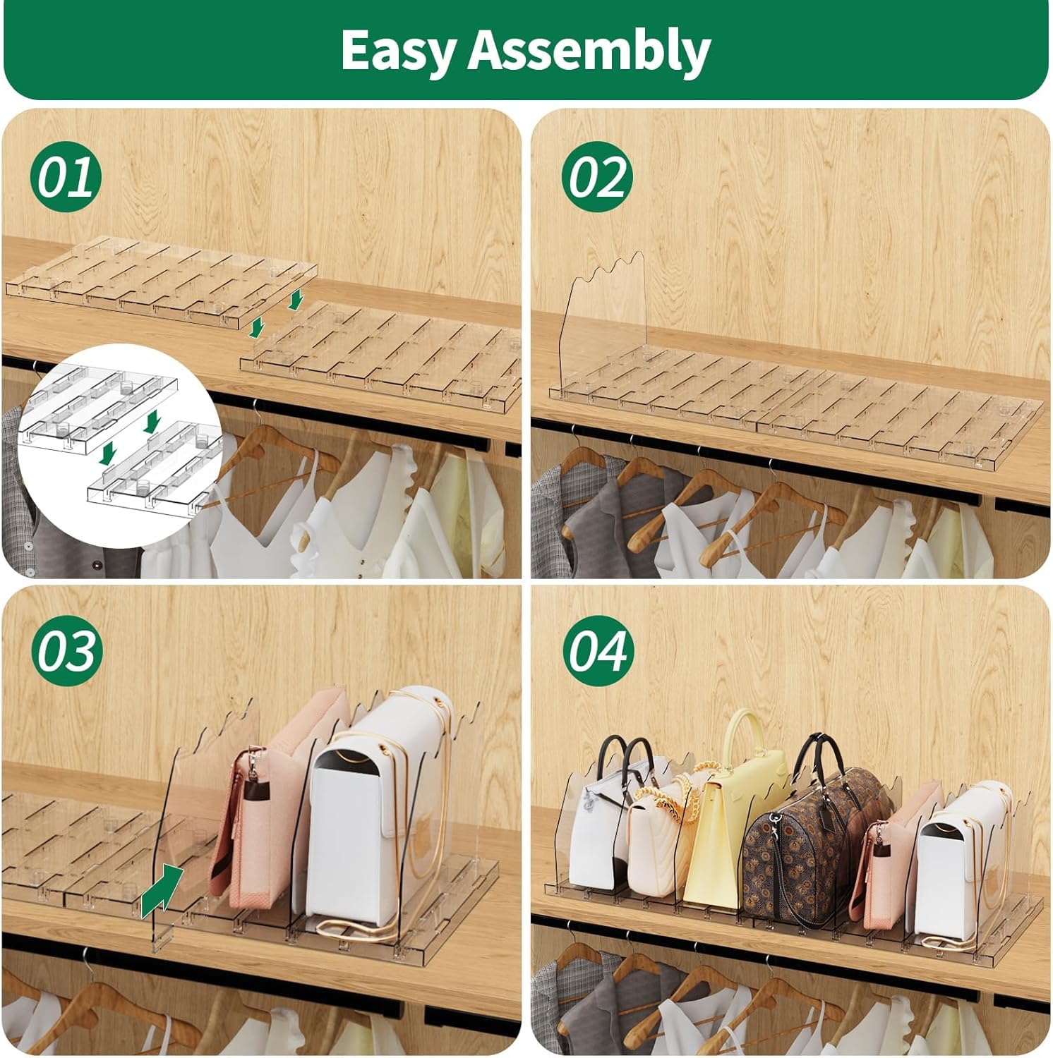 SPACEKEEPER Adjustable Shelf Divider for Closet, Clear Purse Organizer