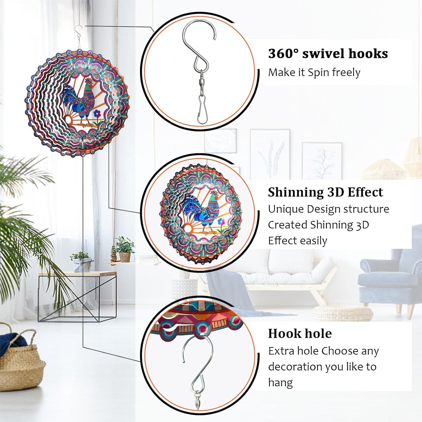 Rooster Kinetic Wind Spinner - 12-Inch 3D Holographic Metal Hanging Sculptures, Rustproof Outdoor Decor Garden Patio Decoration, Unique Gift for Chicken Lovers Mom Dad Men Women