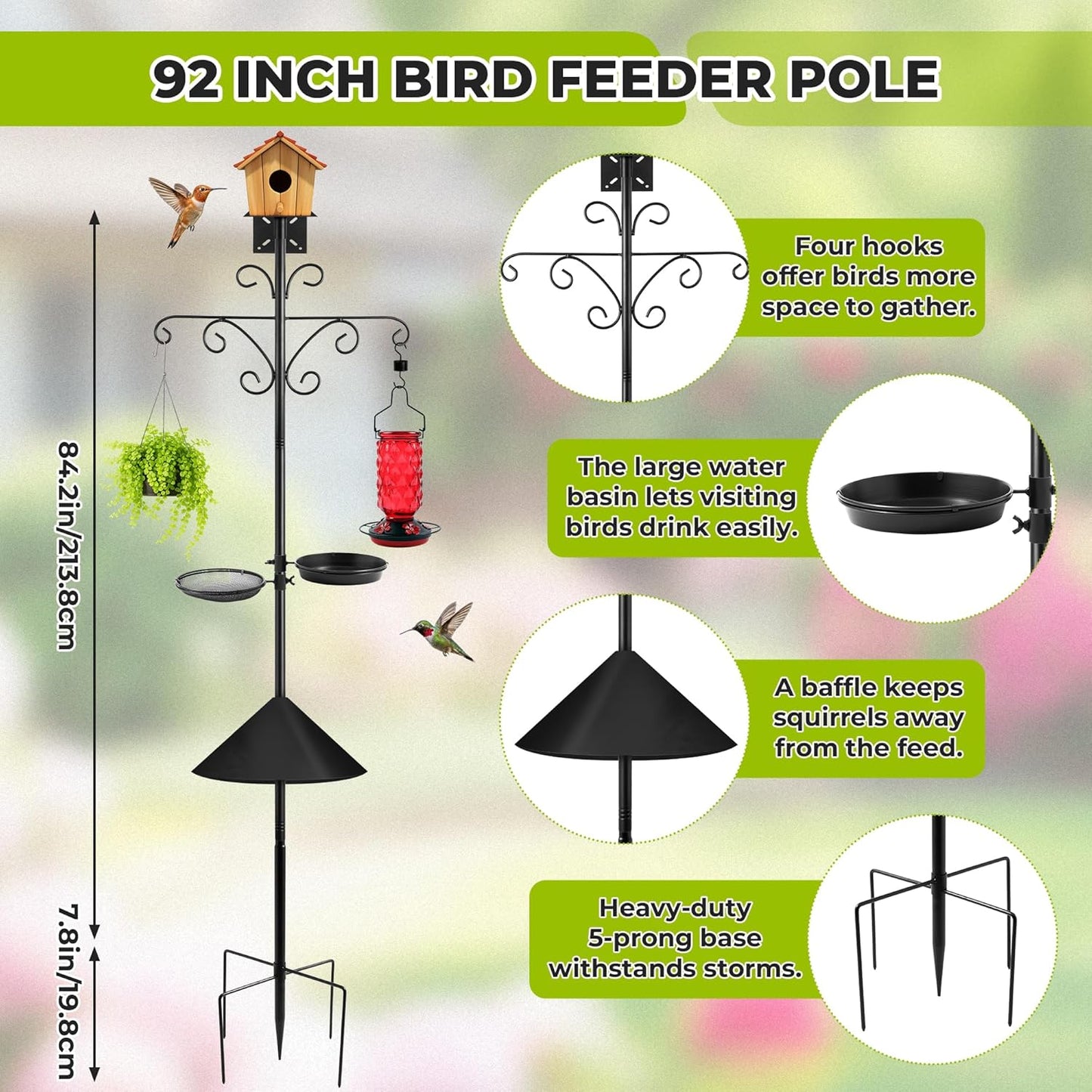 Bird Feeder Pole Stand - 92 Inch Bird Feeding Station for Outdoor Outside, Heavy Duty Adjustable Birdhouse Pole Standing with Base Kit, Includes 4 Hook Water Basin Tray for Garden Yard