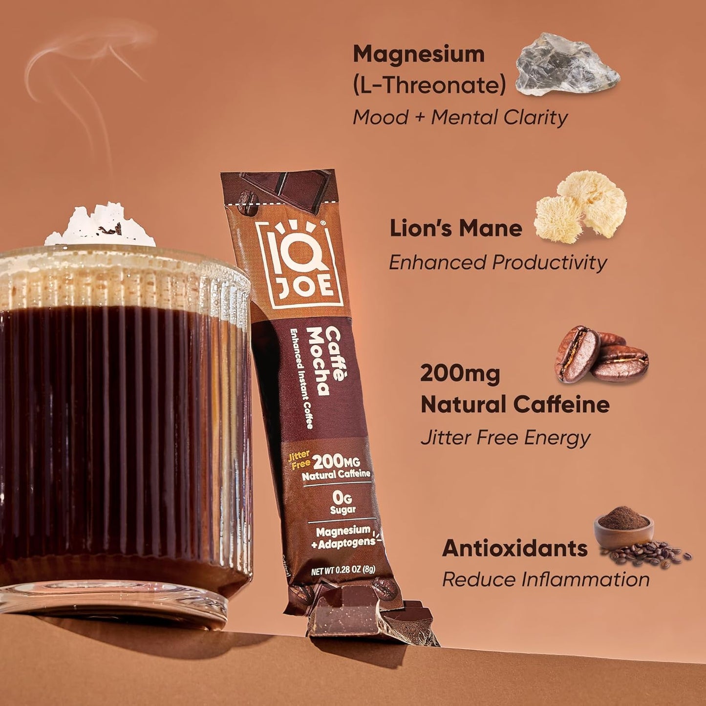 IQJOE Mushroom Instant Coffee - 4-in-1 Formula for Focus, Clarity, Mood, and Energy - Lion’s Mane, Magnesium L-Threonate, Antioxidants, Adaptogens, Sugar Free, Keto, Vegan - 16 Count Variety Pack