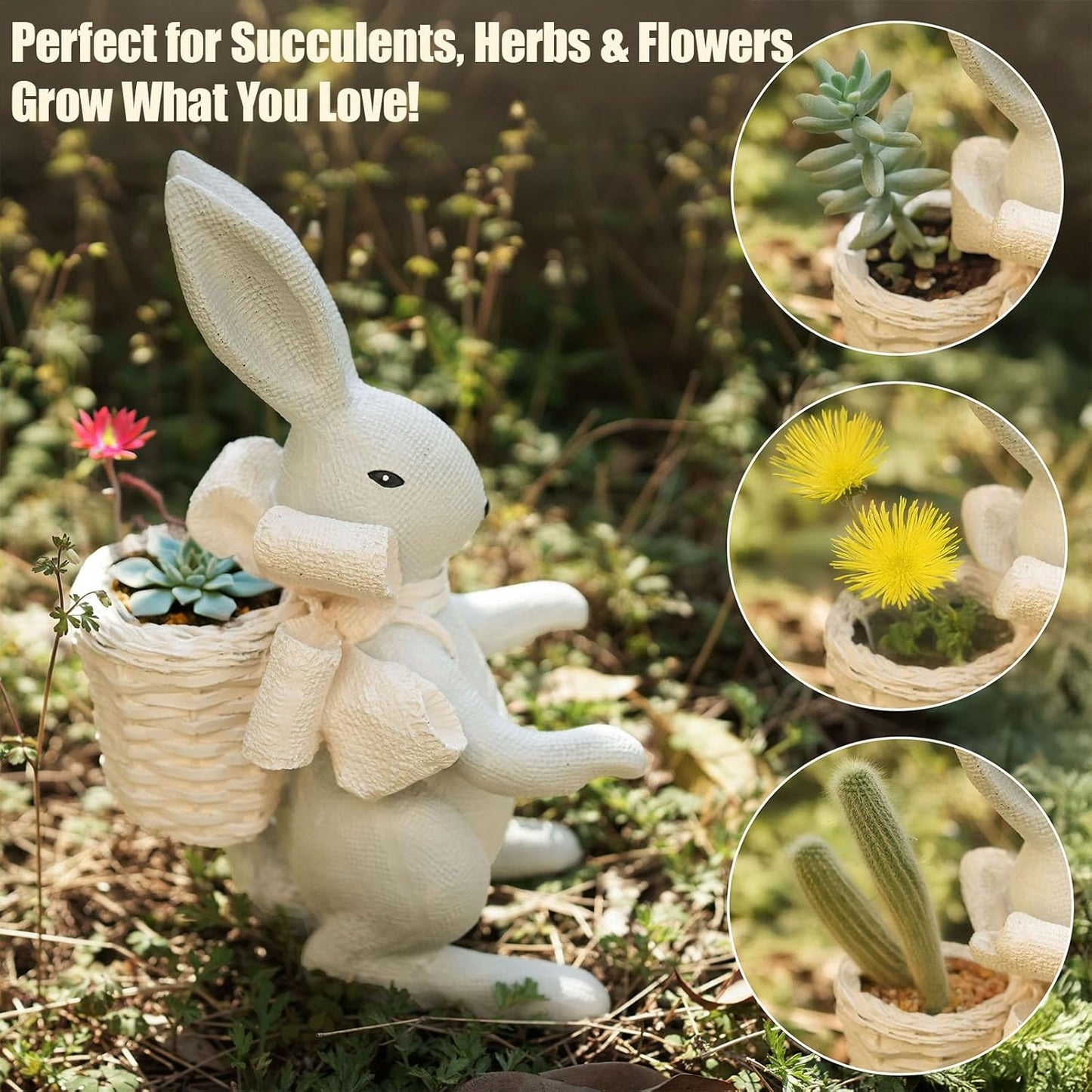 Rabbit Planter for Succulents – Indoor Outdoor Resin Bunny Flower Pot with Hollow Basket, Cute Garden Decoration for Real or Artificial Plants