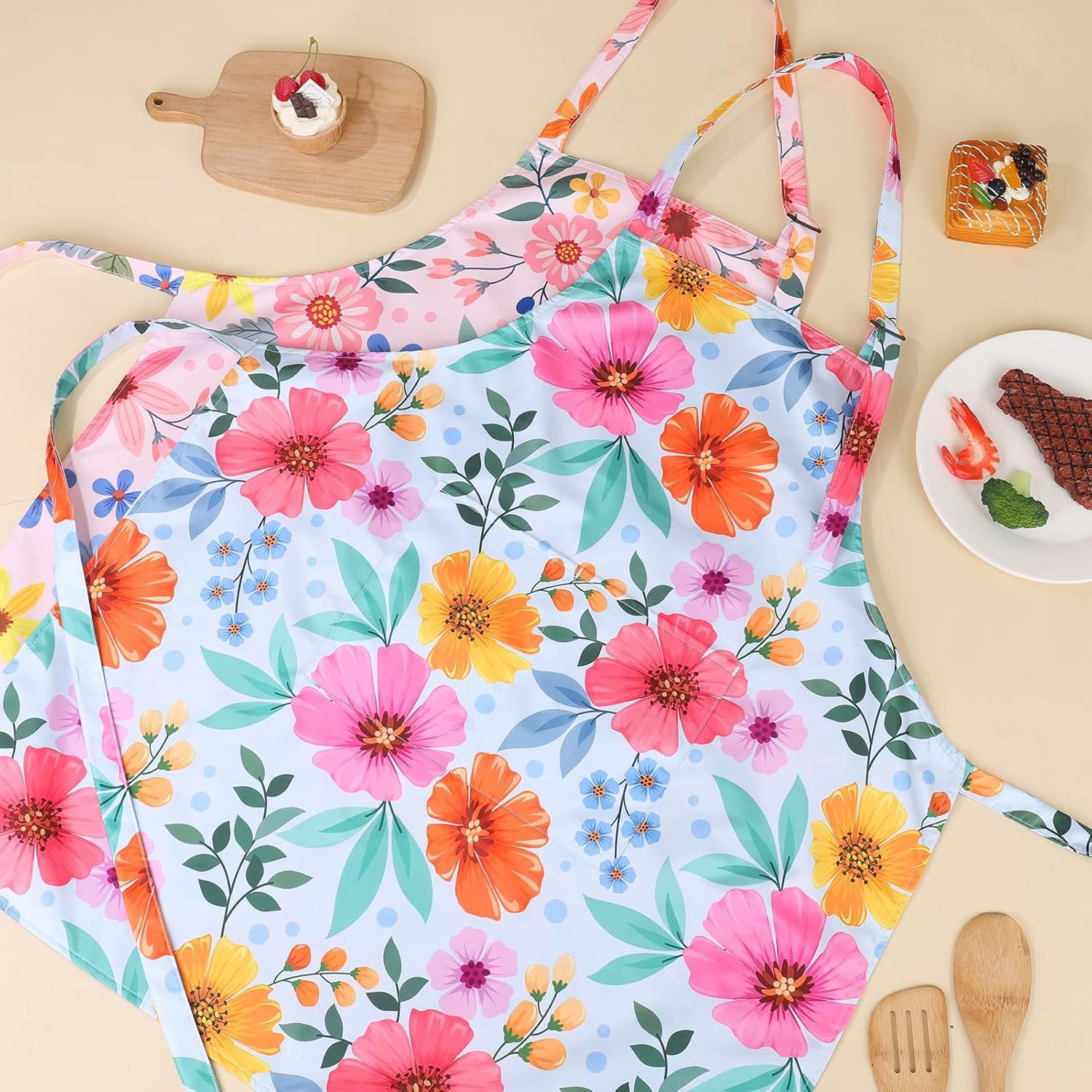2 Pack Floral Apron for Women with Pockets, Adjustable Kitchen Chef Ap