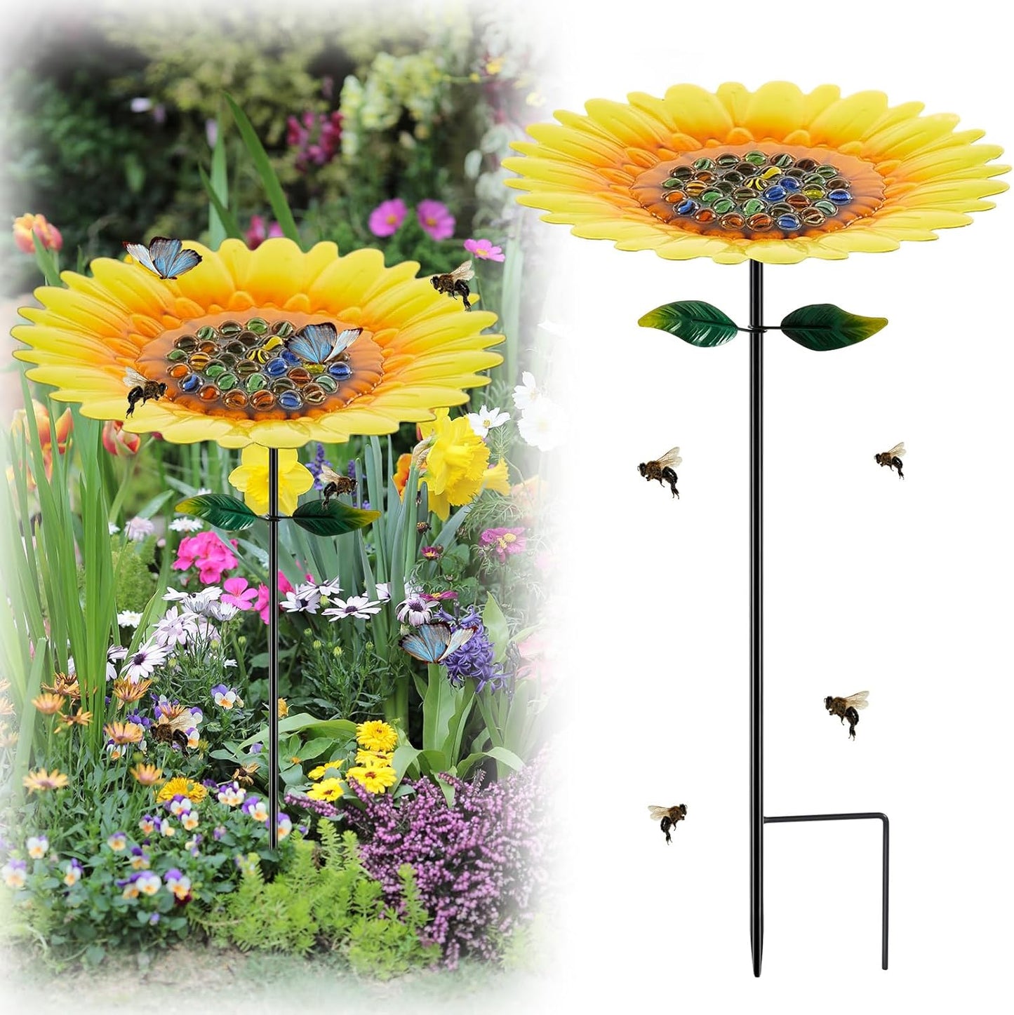 Tandefio Vivid Flower Bee Watering Station Metal Butterfly Water Feeder Cup with 30 Colorful Glass Marbles Bee Feeder Butterfly Bath Bowl for Garden Outdoor Yard Decors(Yellow Red,Sunflower)