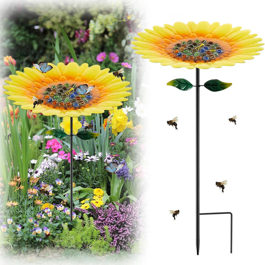 Tandefio Vivid Flower Bee Watering Station Metal Butterfly Water Feeder Cup with 30 Colorful Glass Marbles Bee Feeder Butterfly Bath Bowl for Garden Outdoor Yard Decors(Yellow Red,Sunflower)