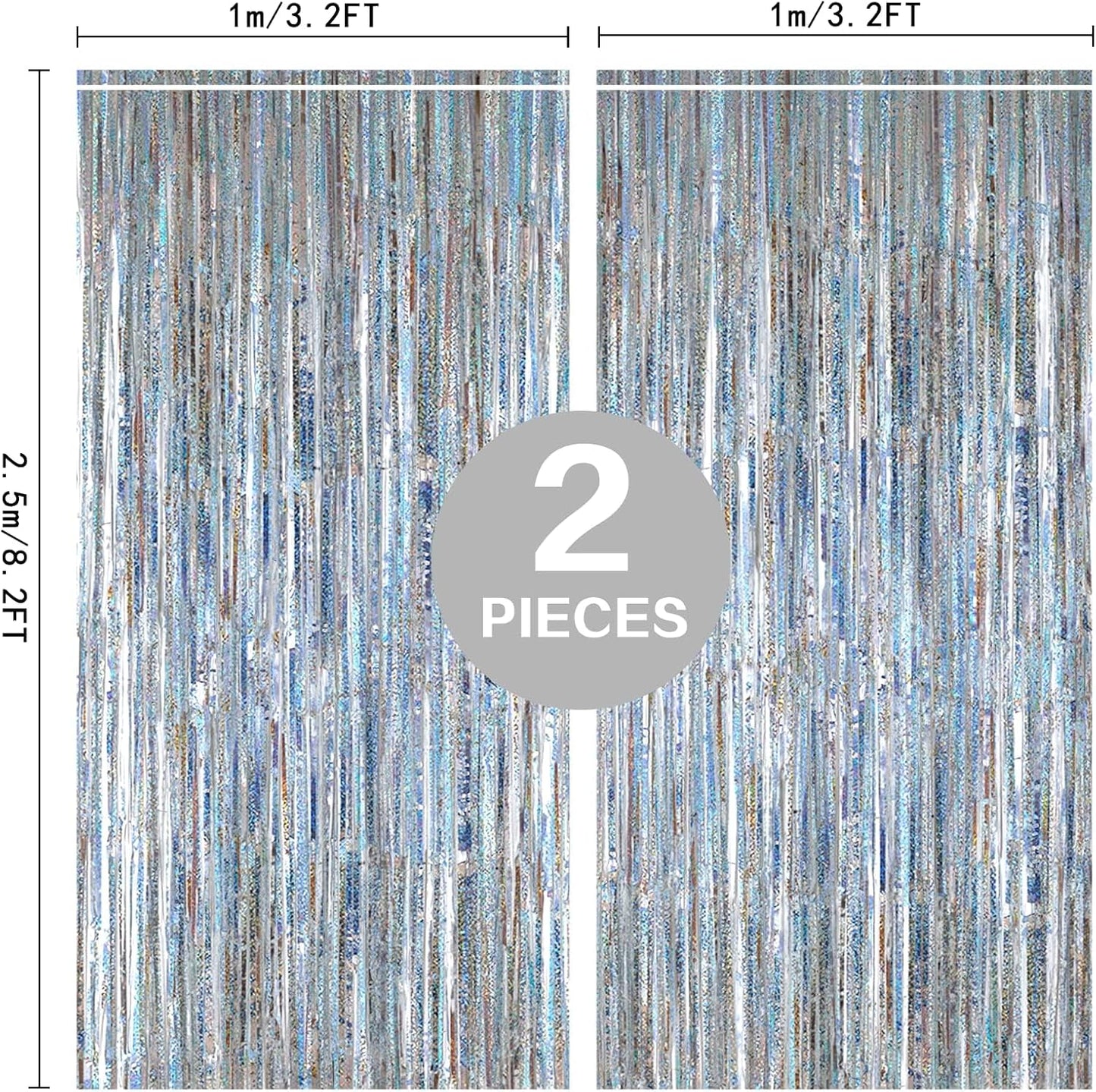 2 Pack 3.2ft x 8.2ft Silver Metallic Tinsel Foil Fringe Curtains, Door Streamer Photo Booth Backdrop for Birthday Graduation Engagement Bridal Shower Bachelorette Baby Shower Party Decorations