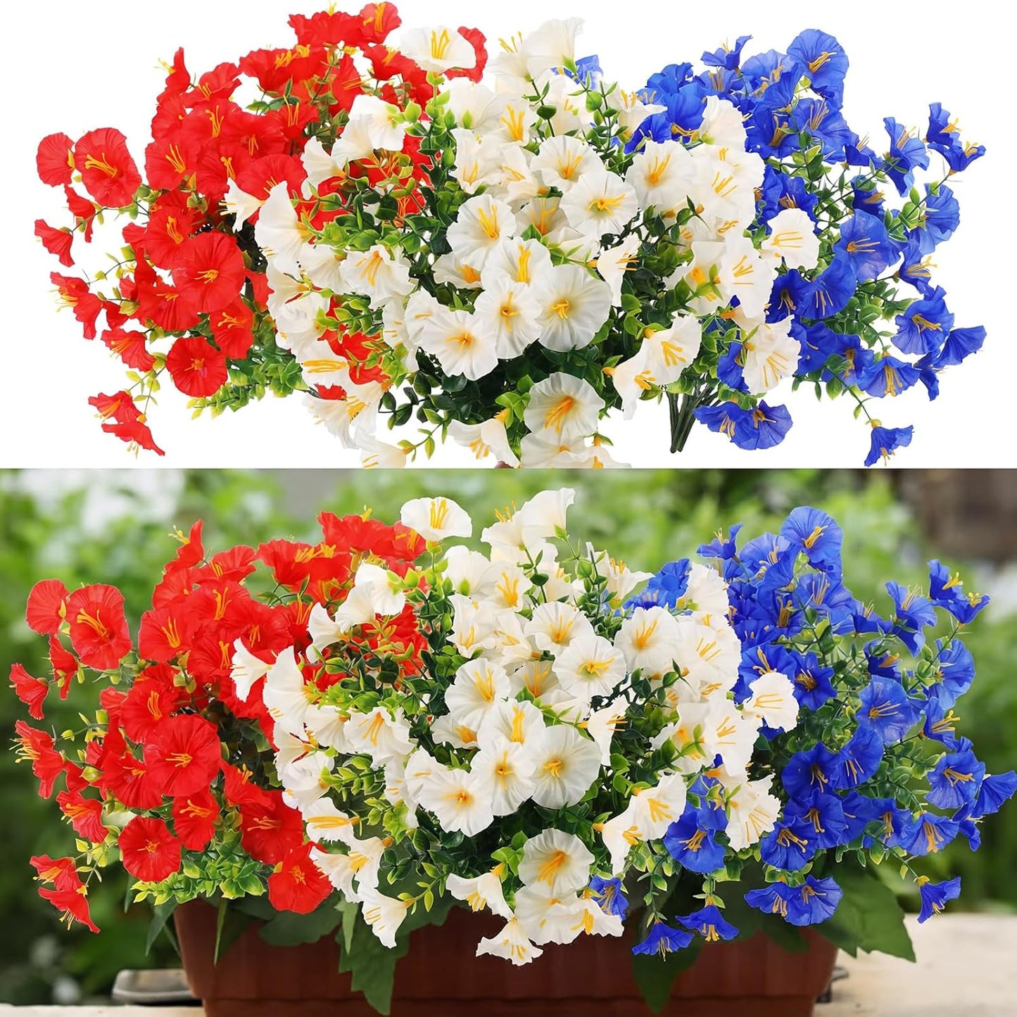 Dingion 12 Pcs Red White Blue Artificial Flower Petunias UV Resistant Patriotic Outdoor Decoration for July 4th Independence Day National Day Short Stem Plastic Flowers for Pot Window Planter Garden