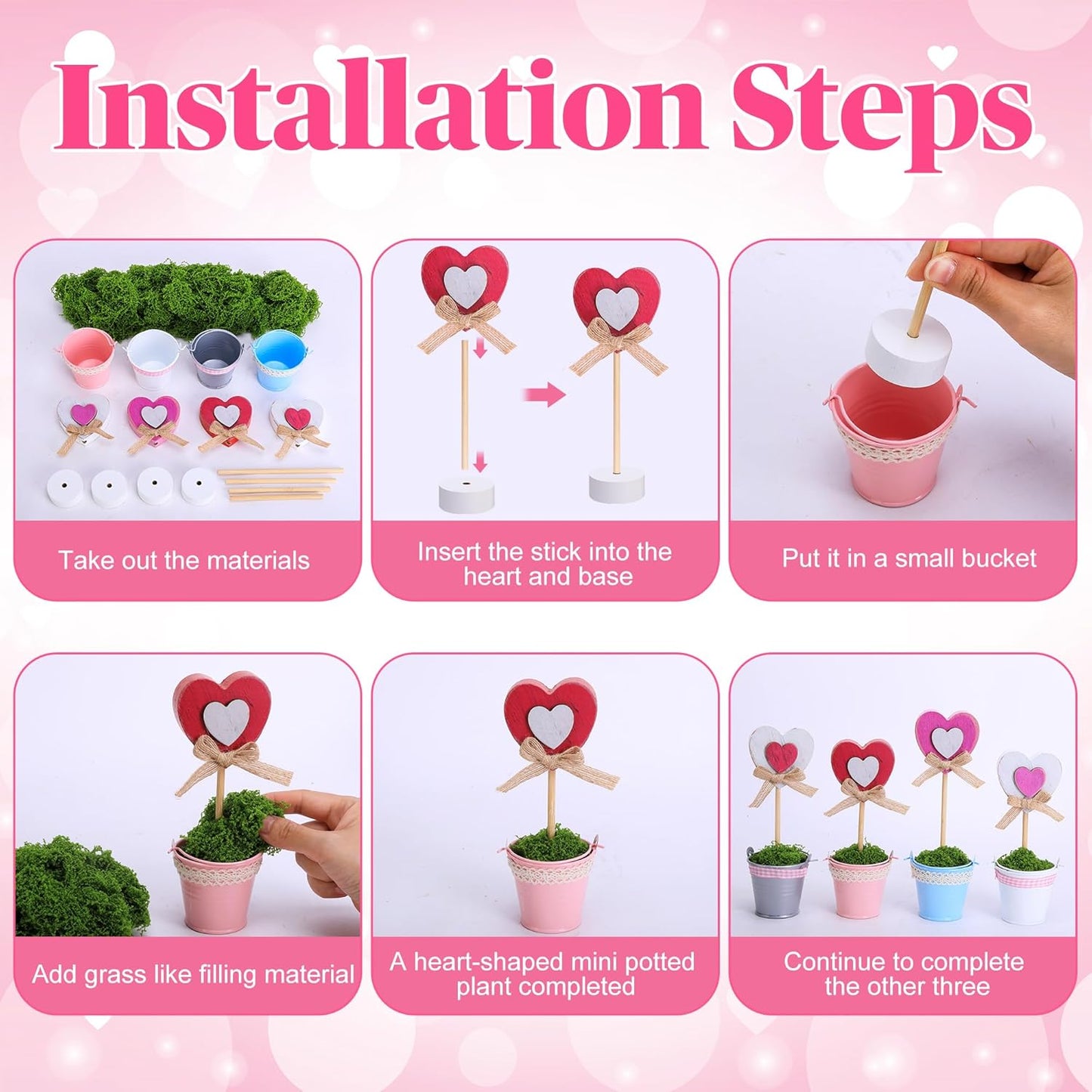 4 Pcs Valentines Heart Pot Wood Decoration, Mini Rustic Candy Heart Potted Sign, Artificial Valentine's Day Plant Potted Tabletop for Centerpiece Tiered Tray Decor Gifts