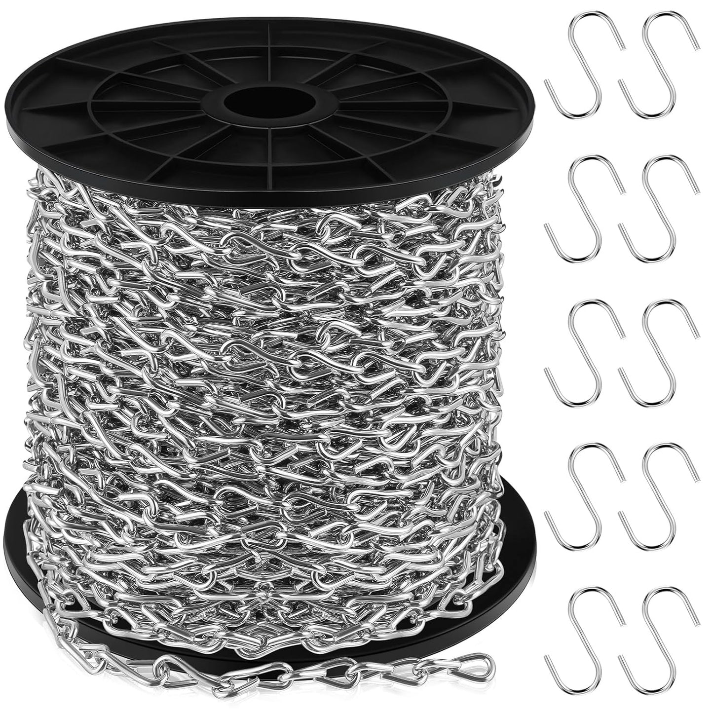 50ft Silver Jack Chain with 10 Pcs S Hooks Galvanized Steel Twist Chain with Spool-weldless for Hanging Fixture, Bird Feeders, Overhead Lights, Artworks, Flowerpots(2mm)